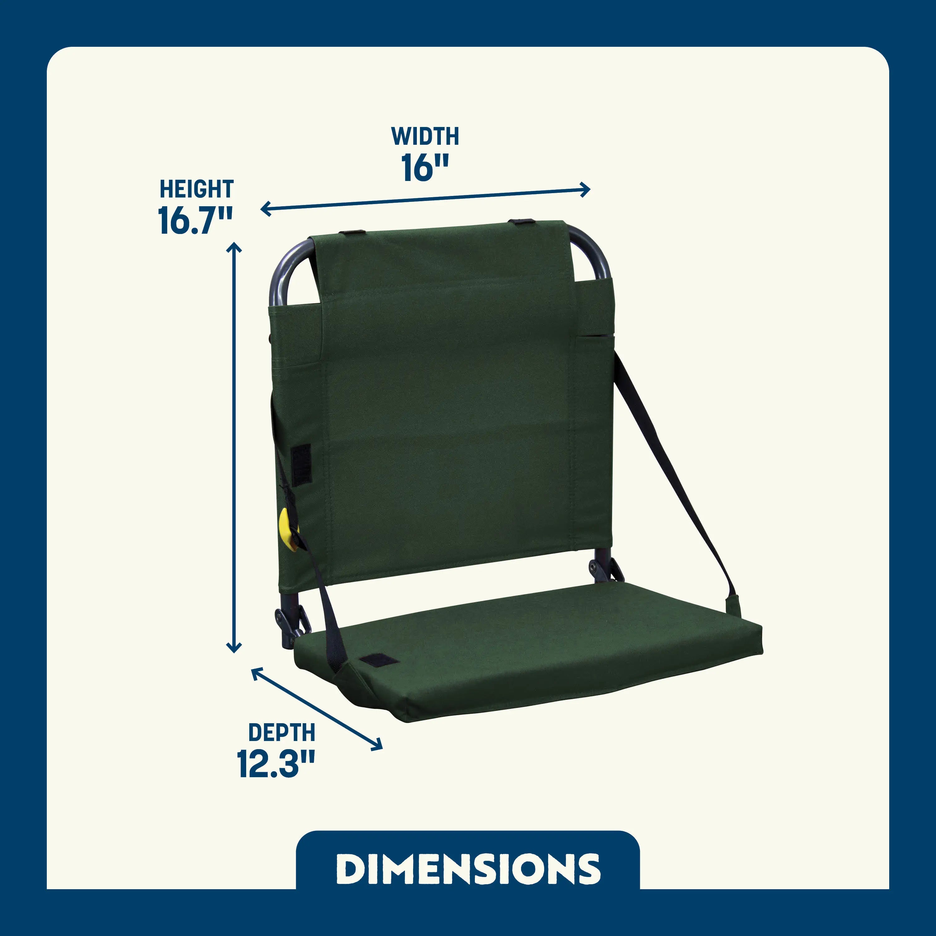 Dimension overview of the BleacherBack, with labeled width, height, and seat depth shown on a lightweight stadium-style seat.