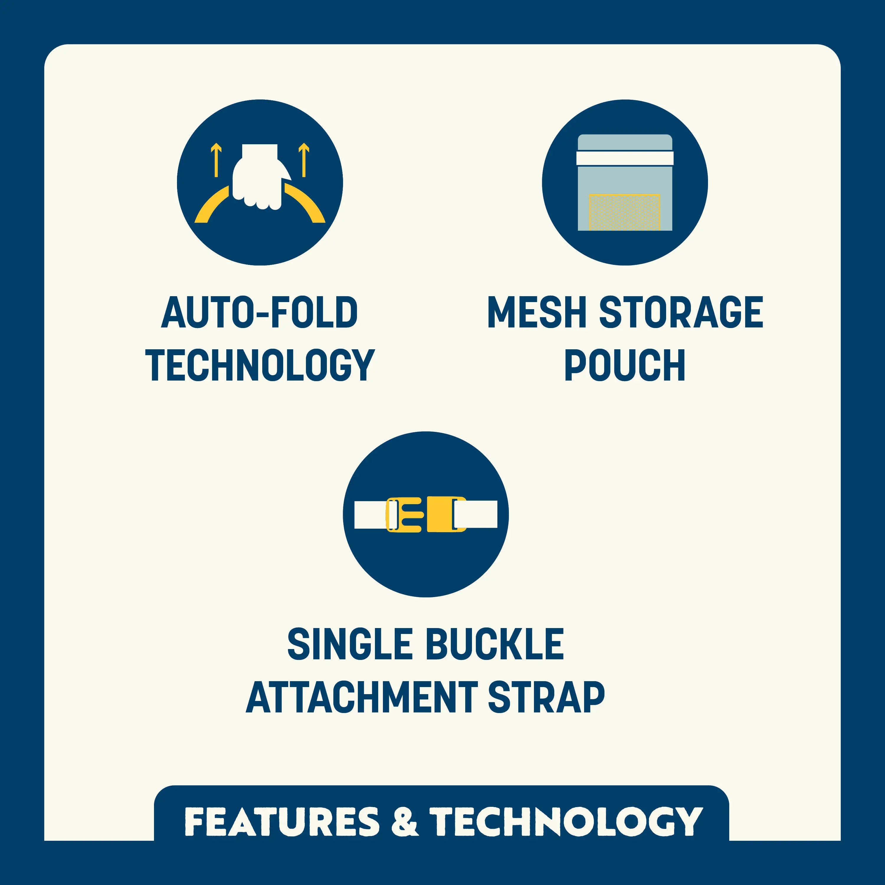 Feature callout for the BleacherBack seat showing auto-fold technology, mesh storage pouch, and single buckle attachment strap.