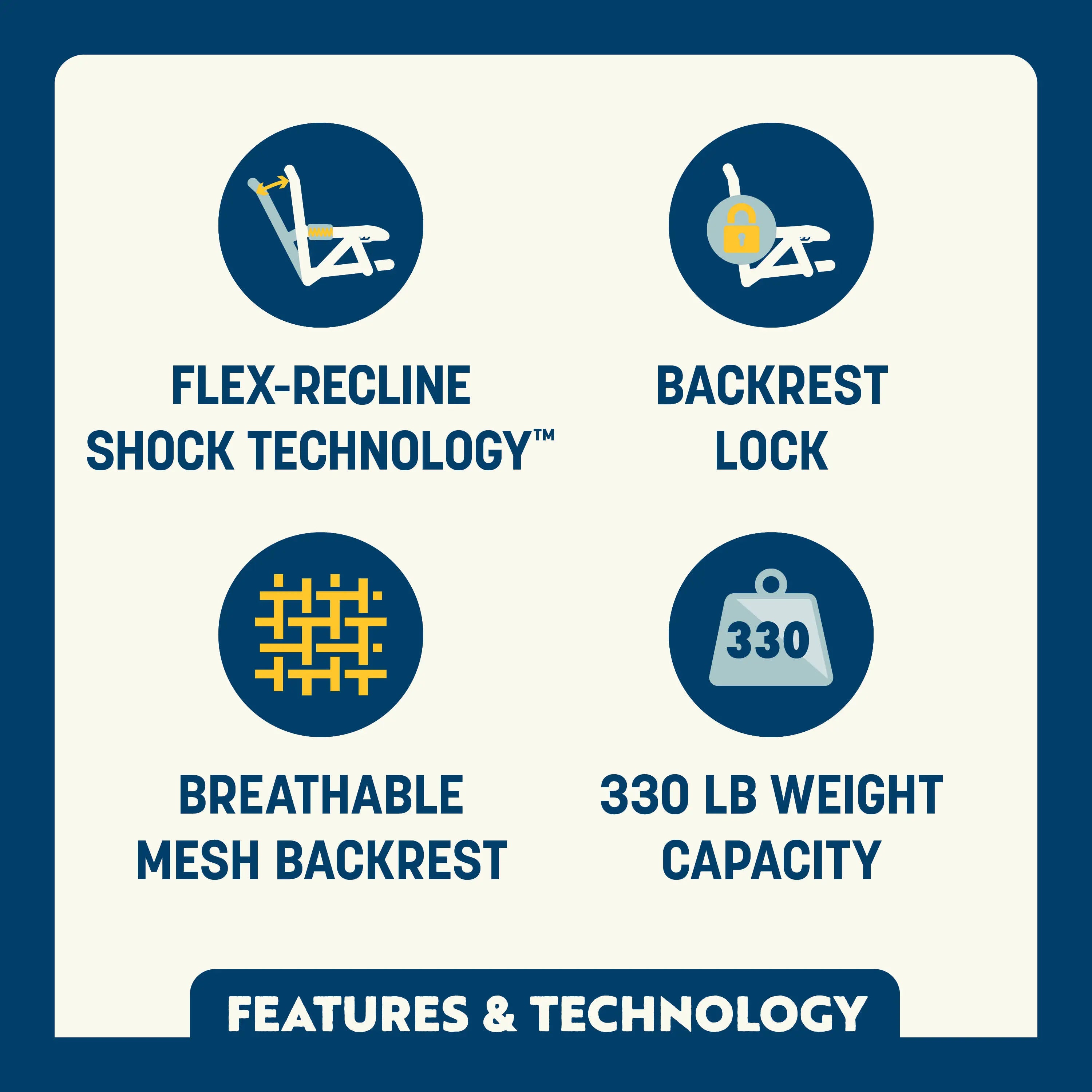 Feature callout for the Stadium Rock-Cliner with flex-recline shock technology, backrest lock, breathable mesh, and 330 lb weight capacity.