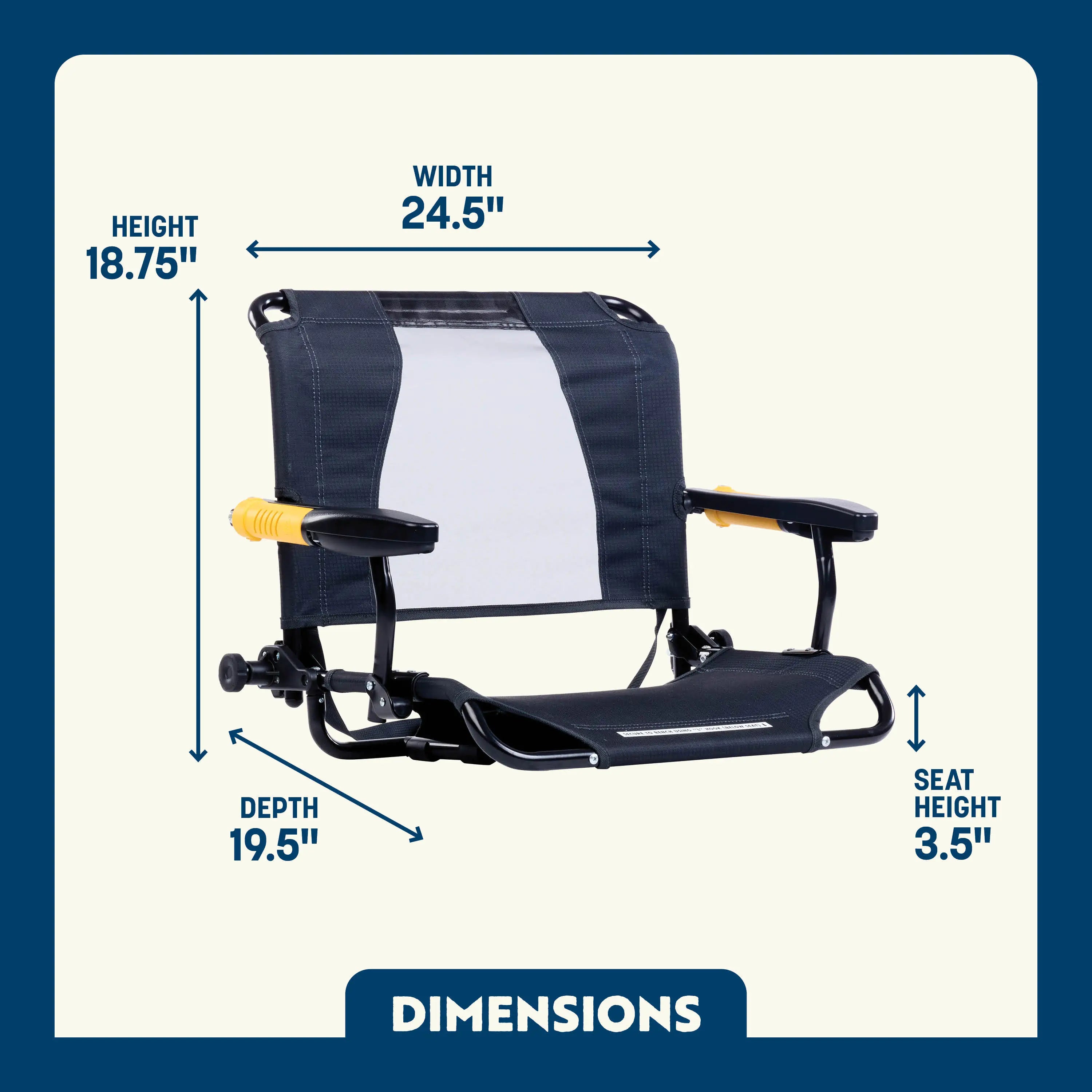 Dimension overview of the Stadium Rock-Cliner, showing labeled seat height, width, depth, and overall height.