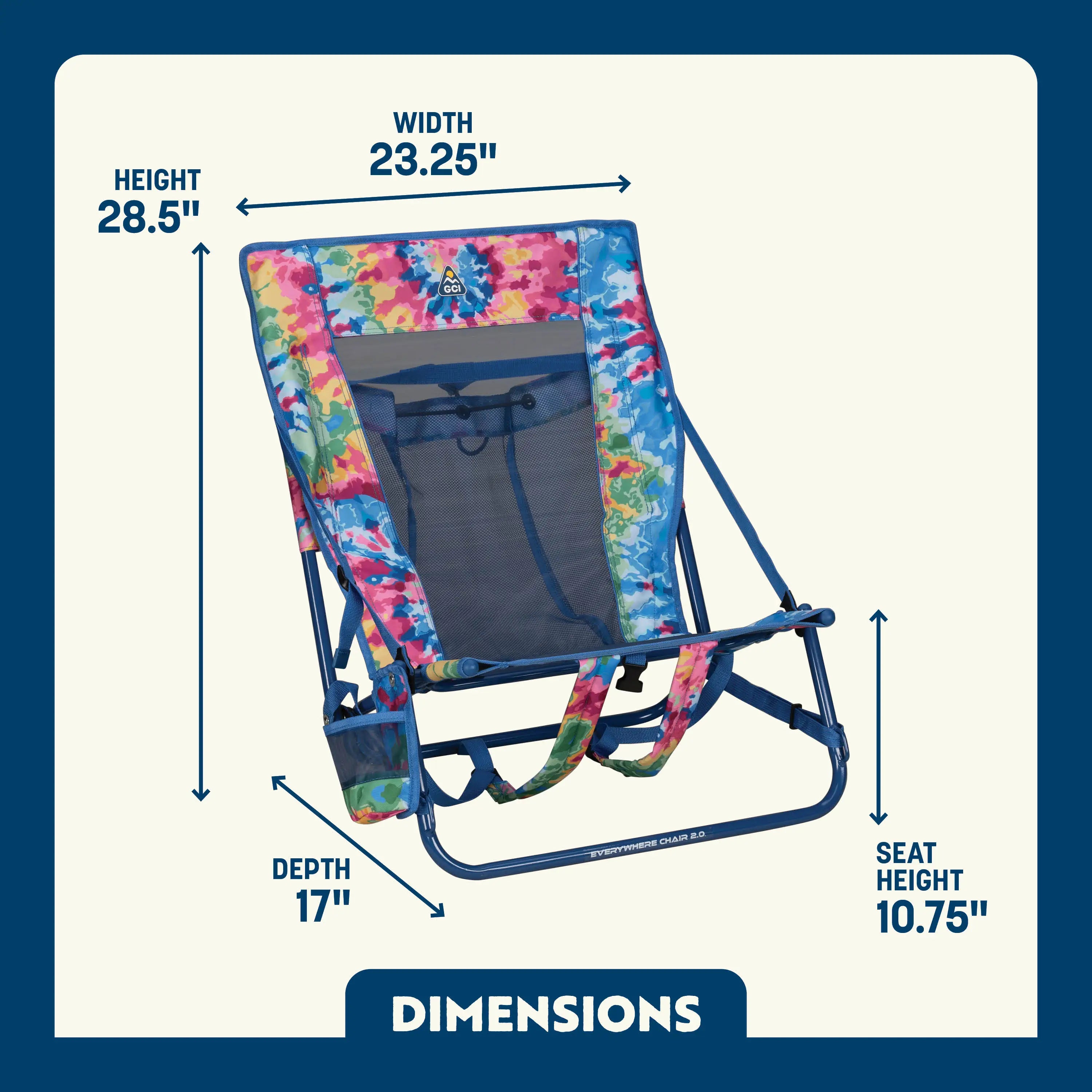 Dimension overview of the Everywhere Chair 2 in tie-dye, showing height, width, depth, and seat height with labeled arrows