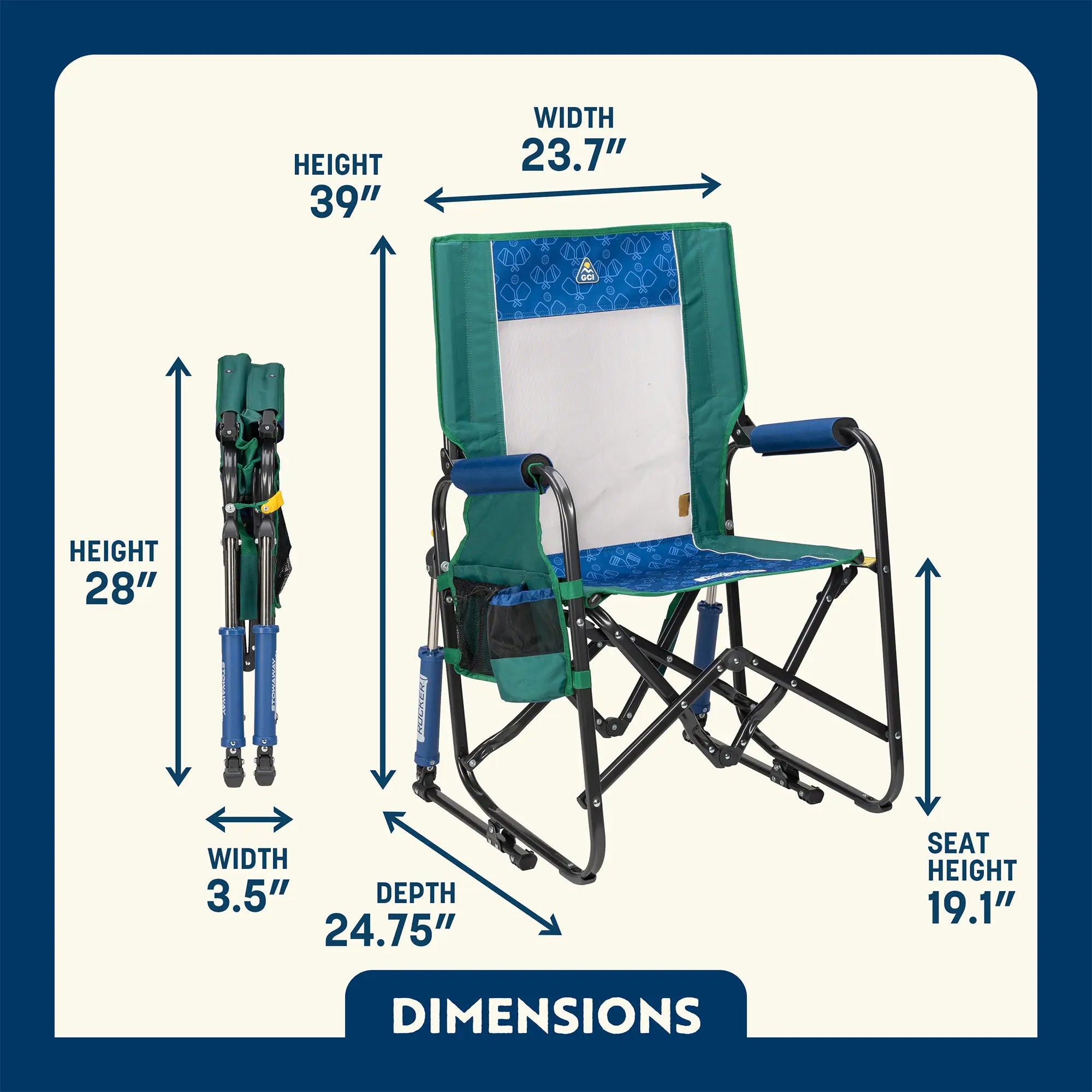 Dimensions of the pickleball stowaway rocker chair.