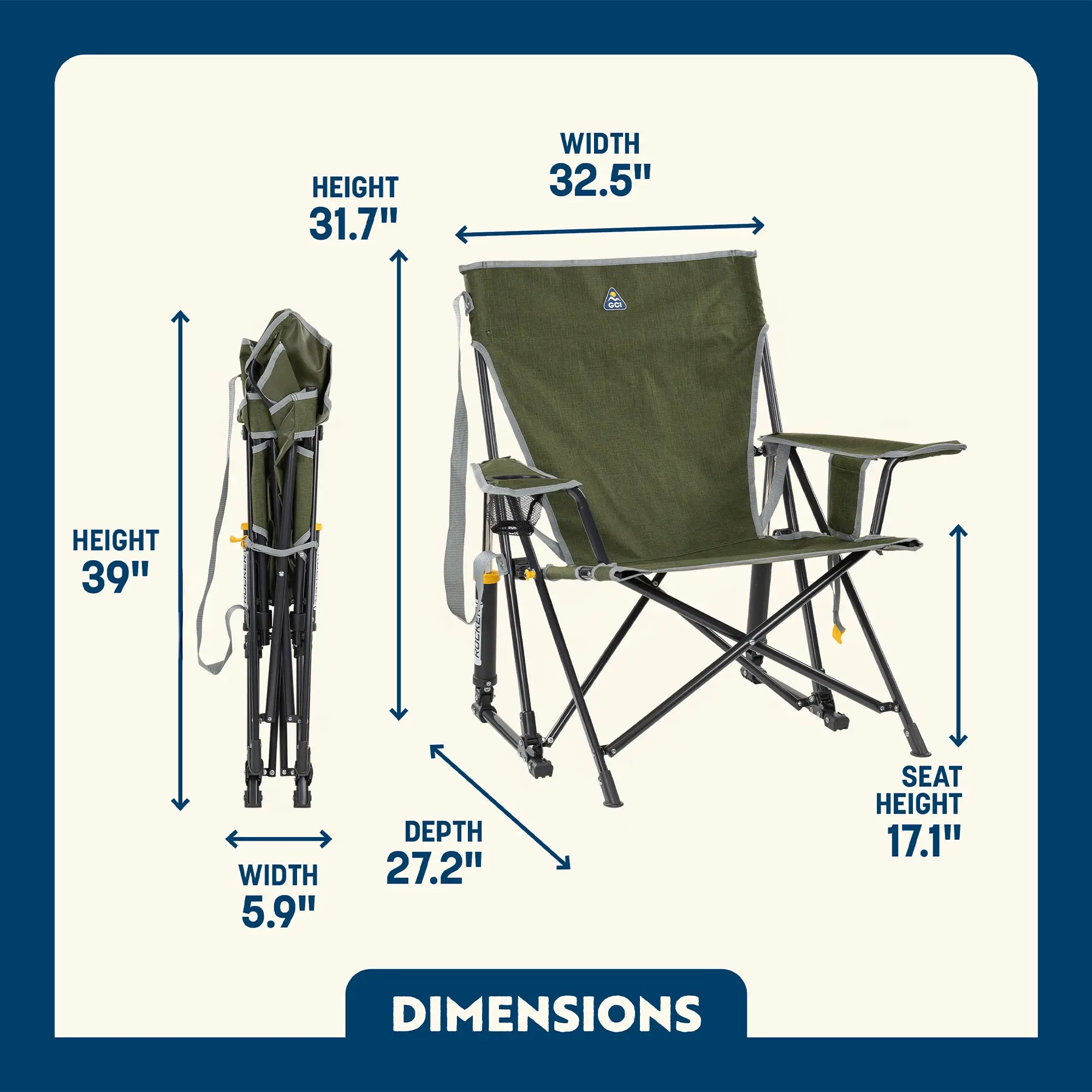 Heathered Loden Kickback Rocker shown open and folded, with labeled height, width, depth, and seat height for easy reference.