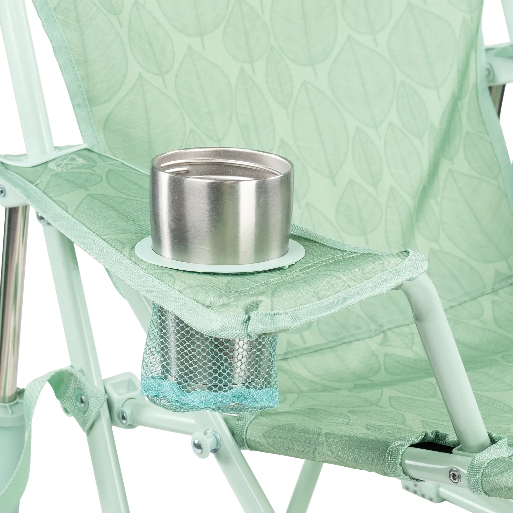 Kickback Rocker, Pastel Green Leaf, Cup Holder Detail