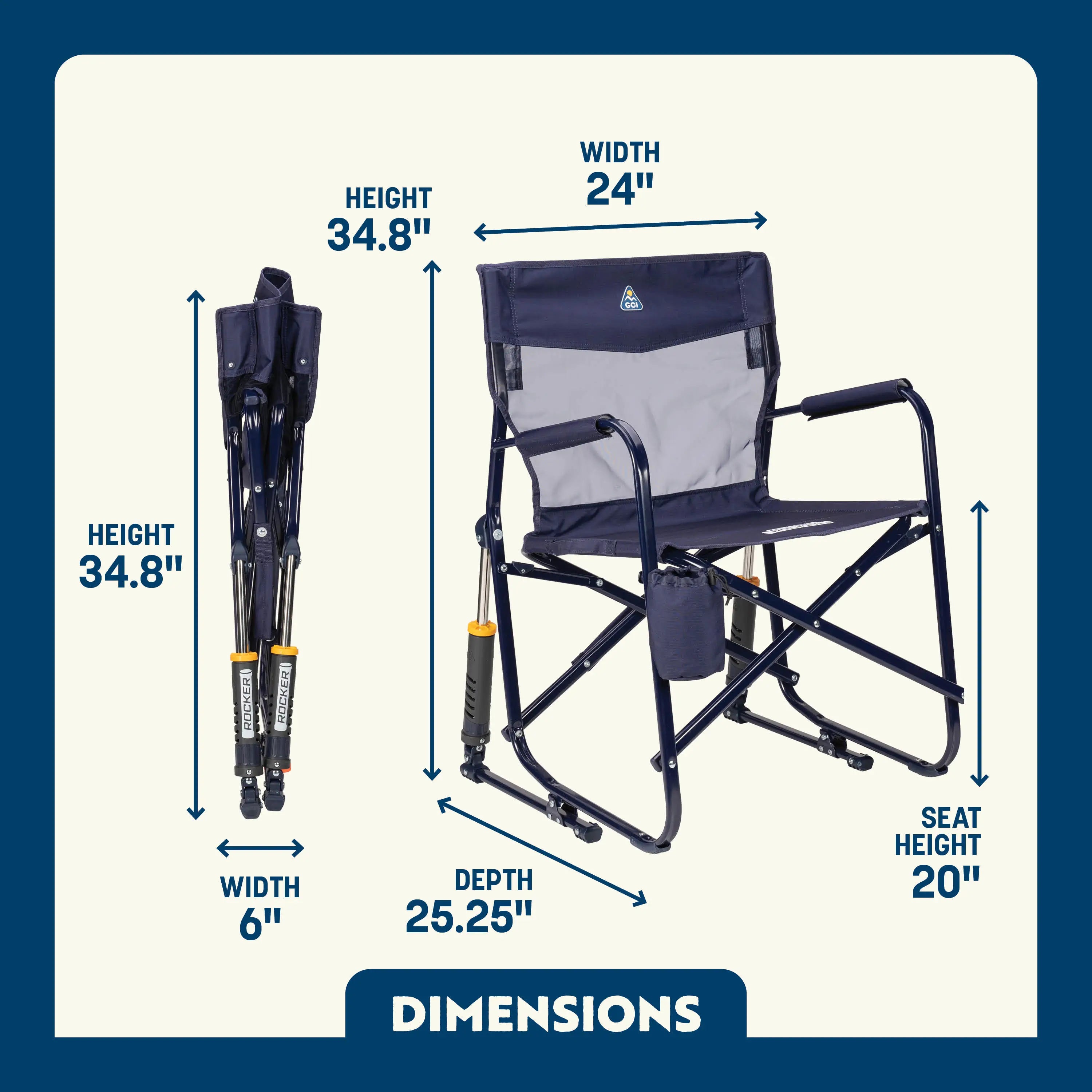 Rich Blue Freestyle Rocker Elite shown open and folded, featuring mesh back and cupholder; dimensions labeled.