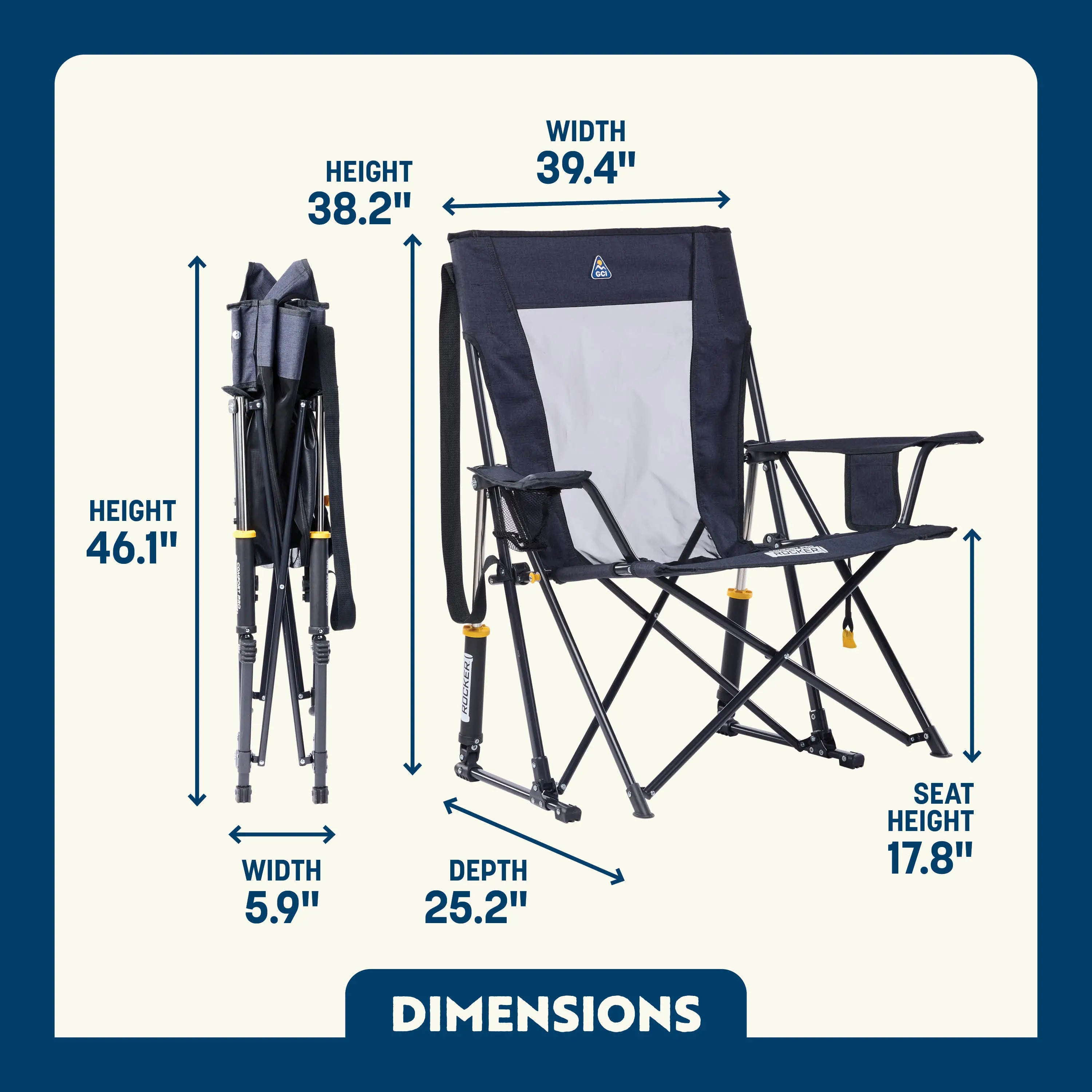 Black Comfort Pro XL rocker displayed folded and open, with sturdy frame, mesh panel, and padded armrests.
