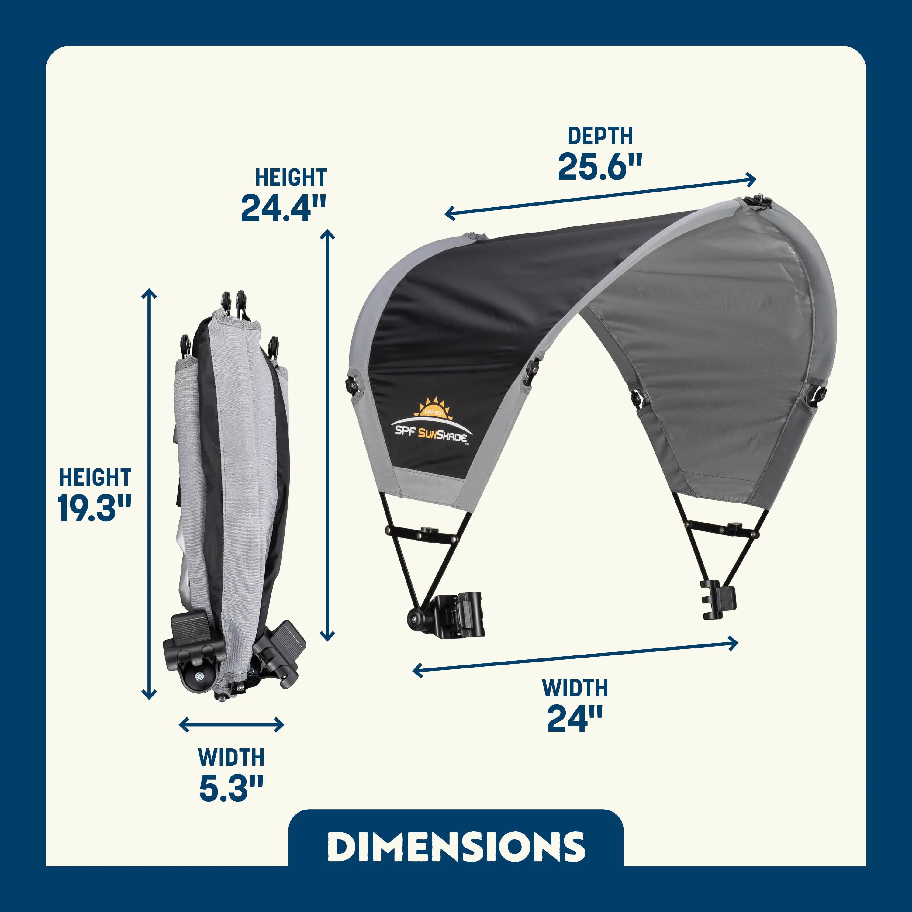 Dimension overview of the Sunshade Accessory shown open and folded, with labeled height, width, and depth measurements.