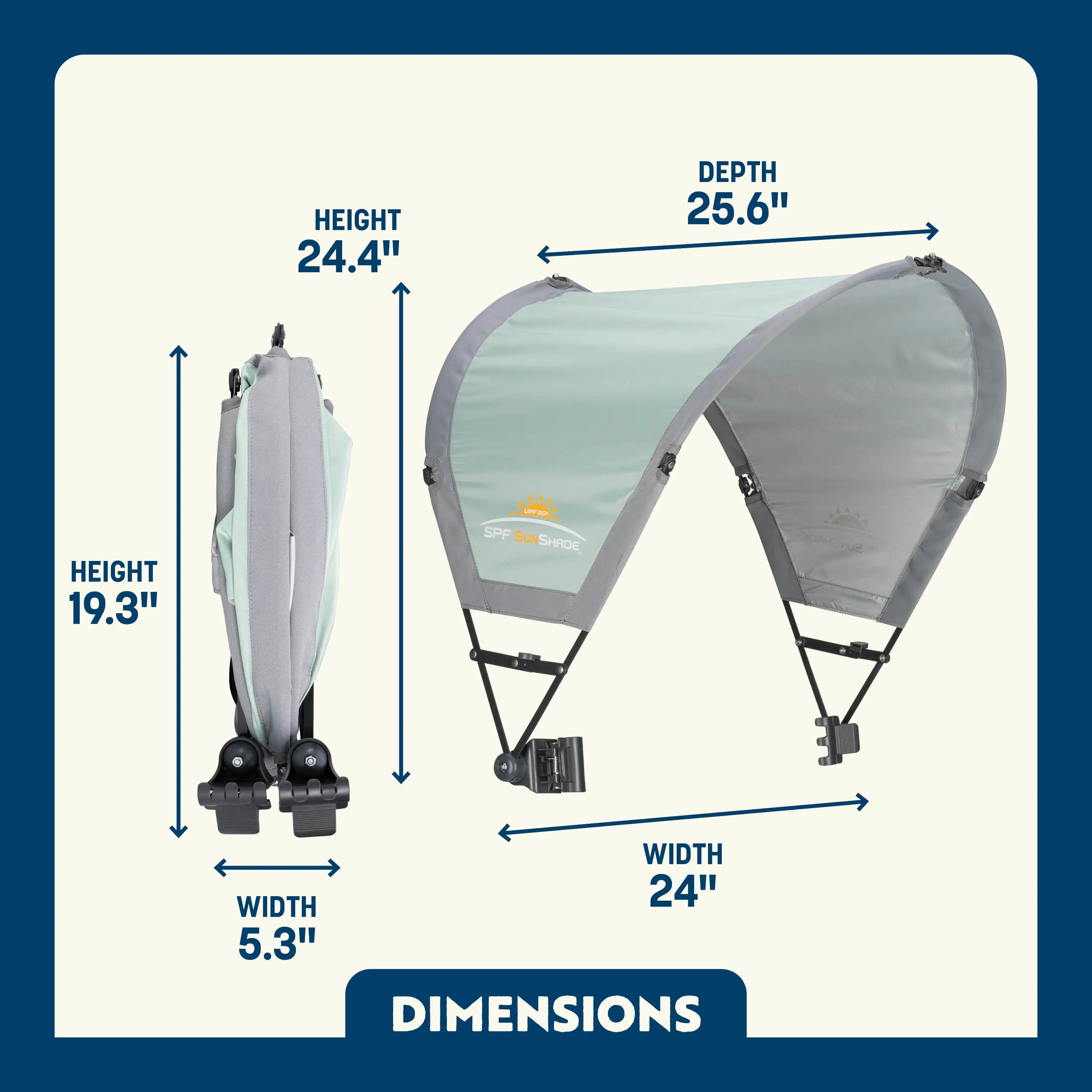 Dimension overview of the Sunshade Accessory shown open and folded, with labeled height, width, and depth measurements.