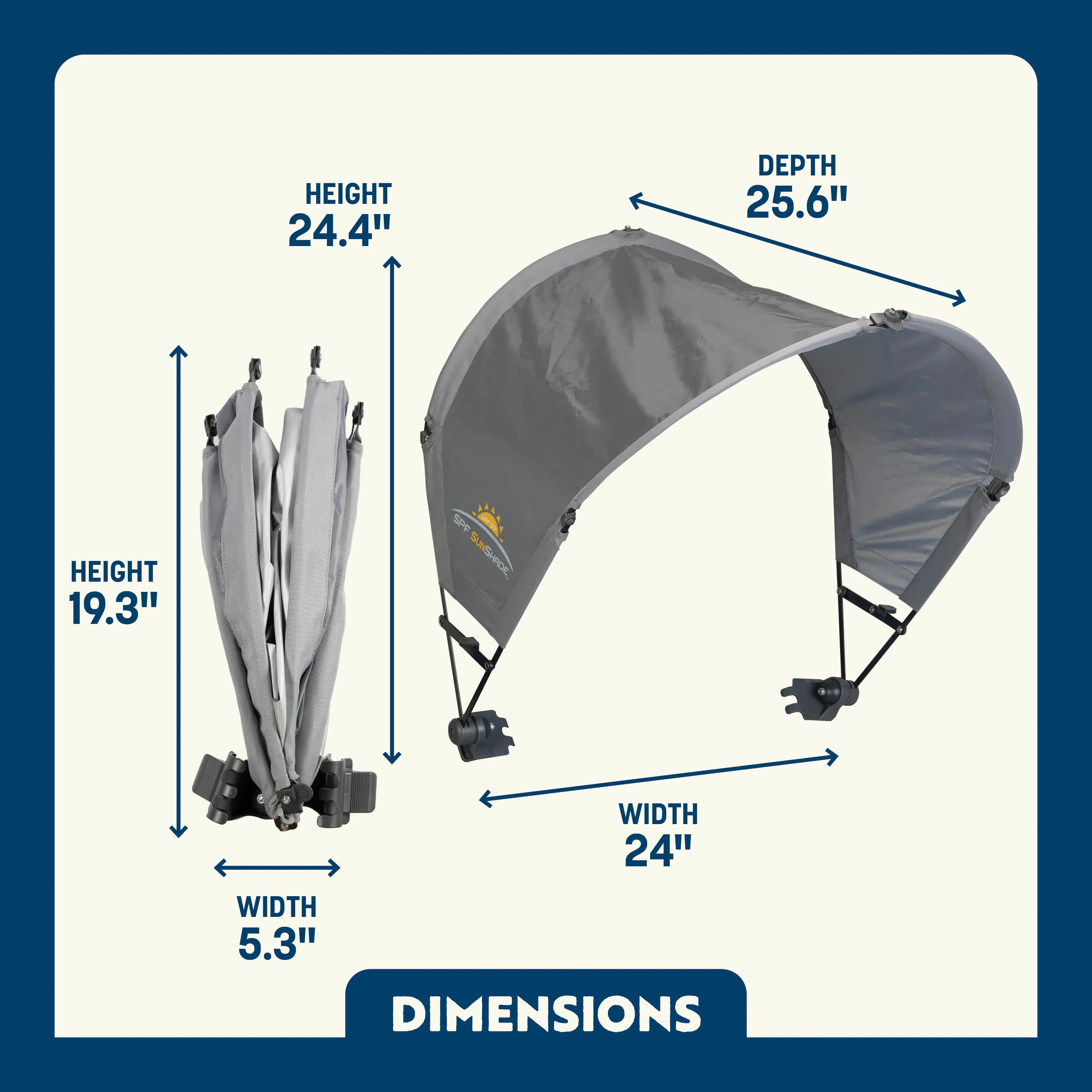 Dimension overview of the Sunshade Accessory shown open and folded, with labeled height, width, and depth measurements.