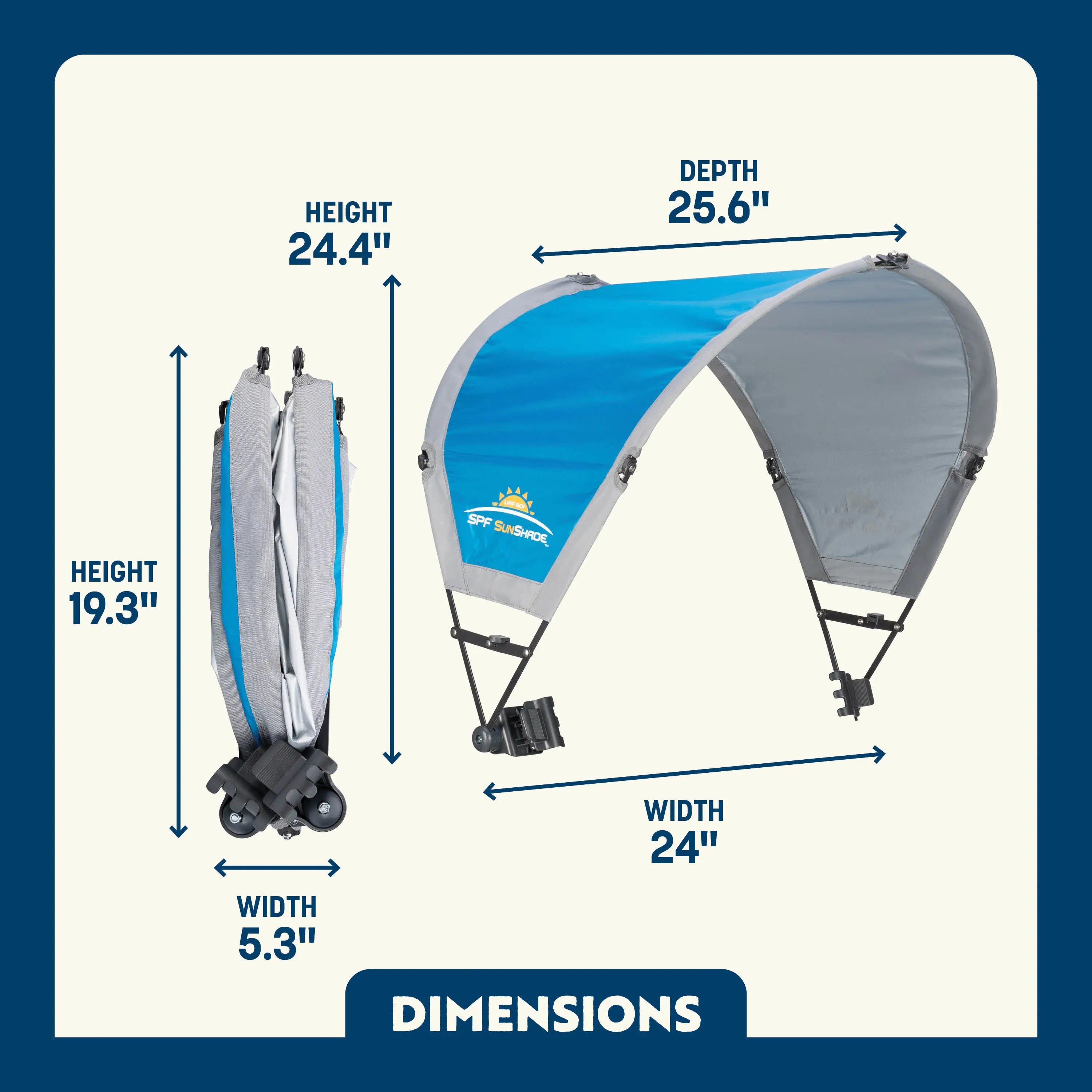 Dimension overview of the Sunshade Accessory shown open and folded, with labeled height, width, and depth measurements.