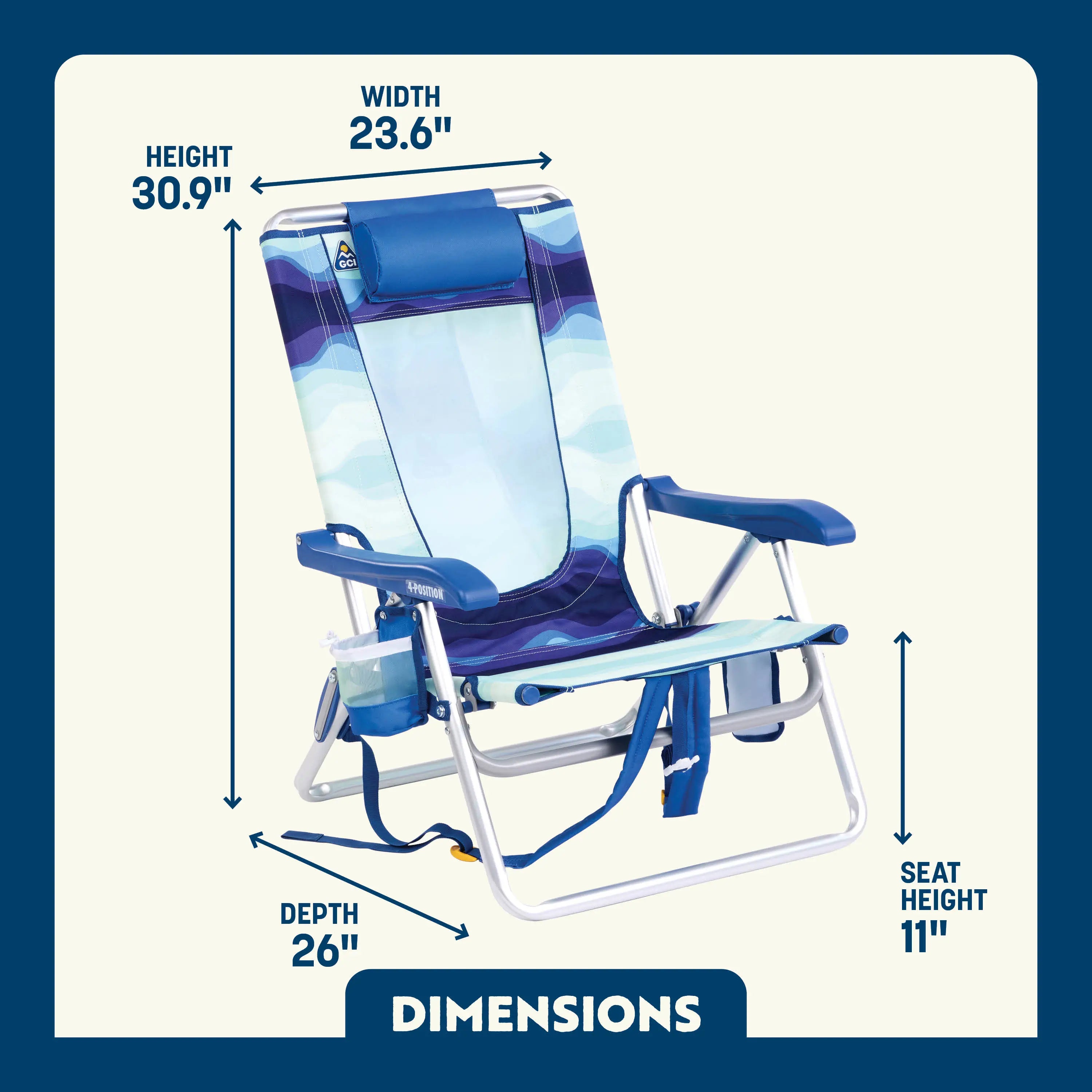 Dimension overview of the Backpack Beach Chair, with labeled height, width, depth, and seat height.