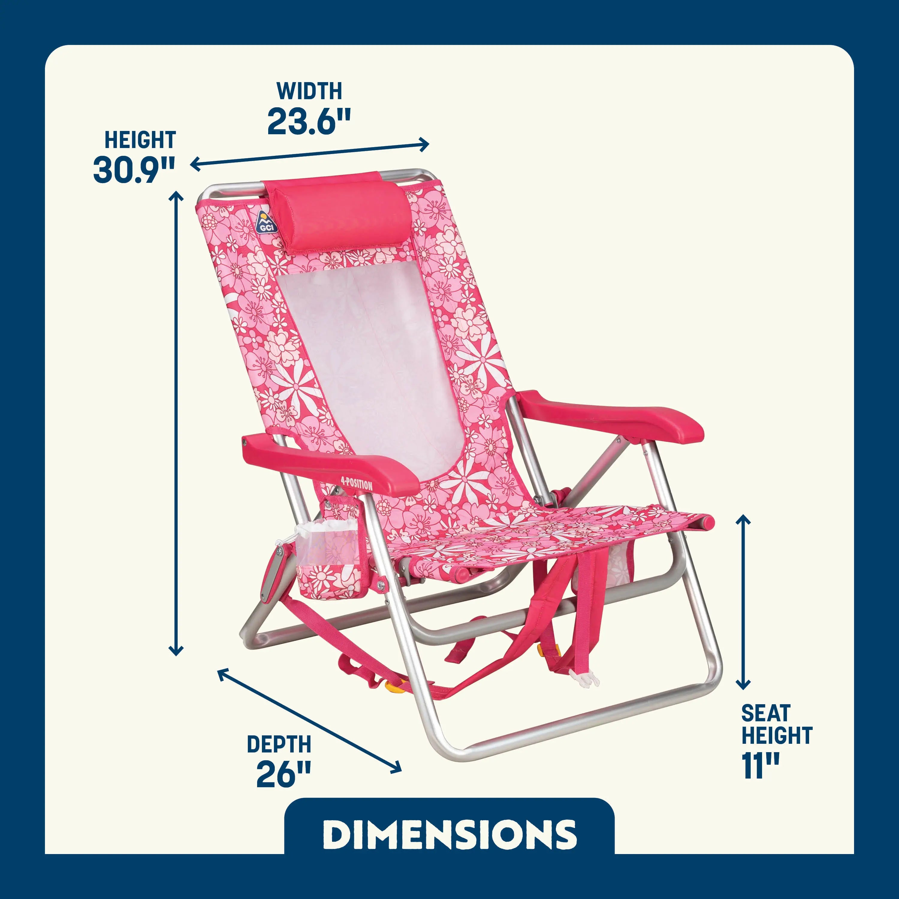 Dimension overview of the Backpack Beach Chair, with labeled height, width, depth, and seat height.