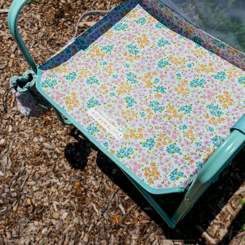 Up close of the teal sundress seat pattern.