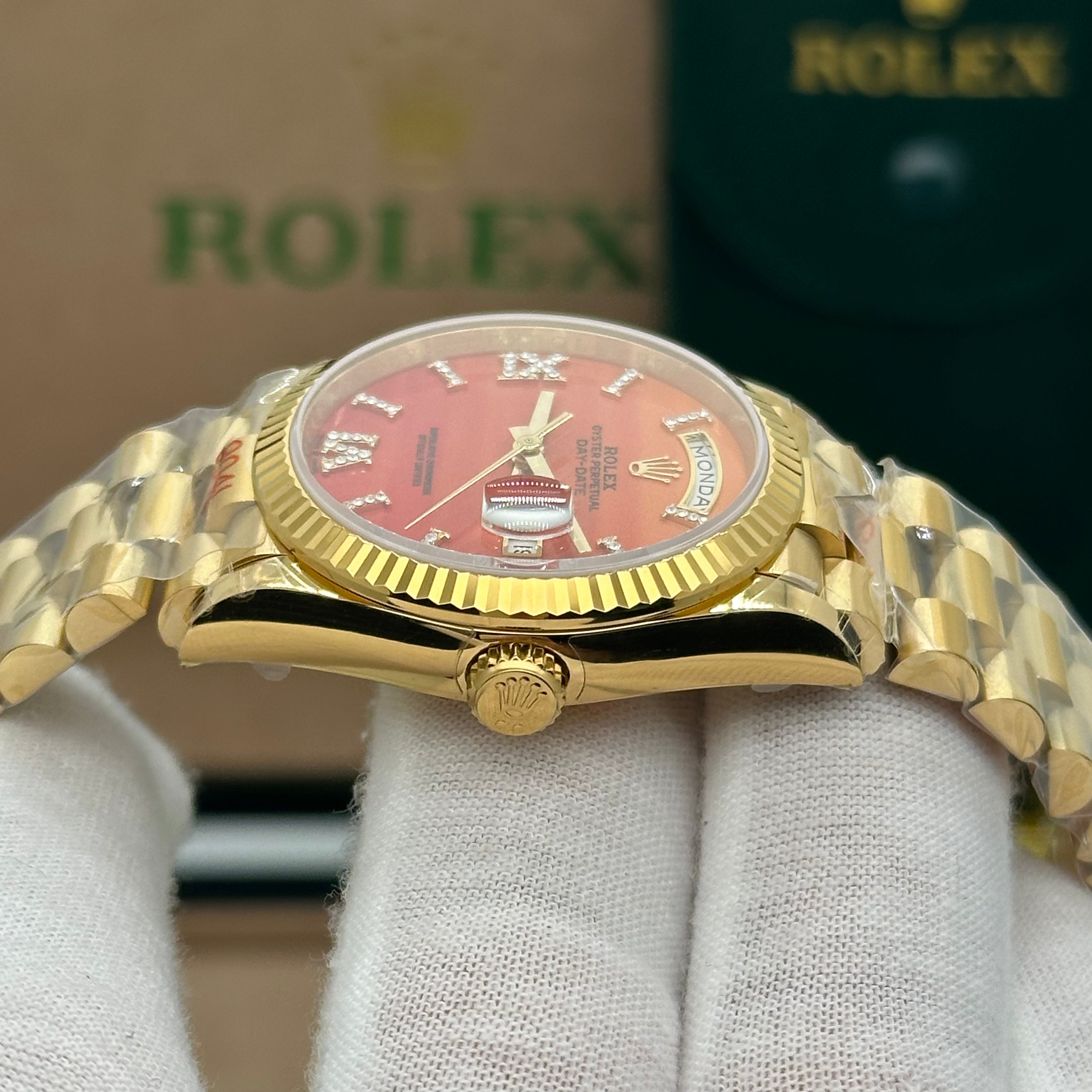 Rolex Oyster Perpetual Day-Date 36MM – Yellow Gold with Carnelian Dial