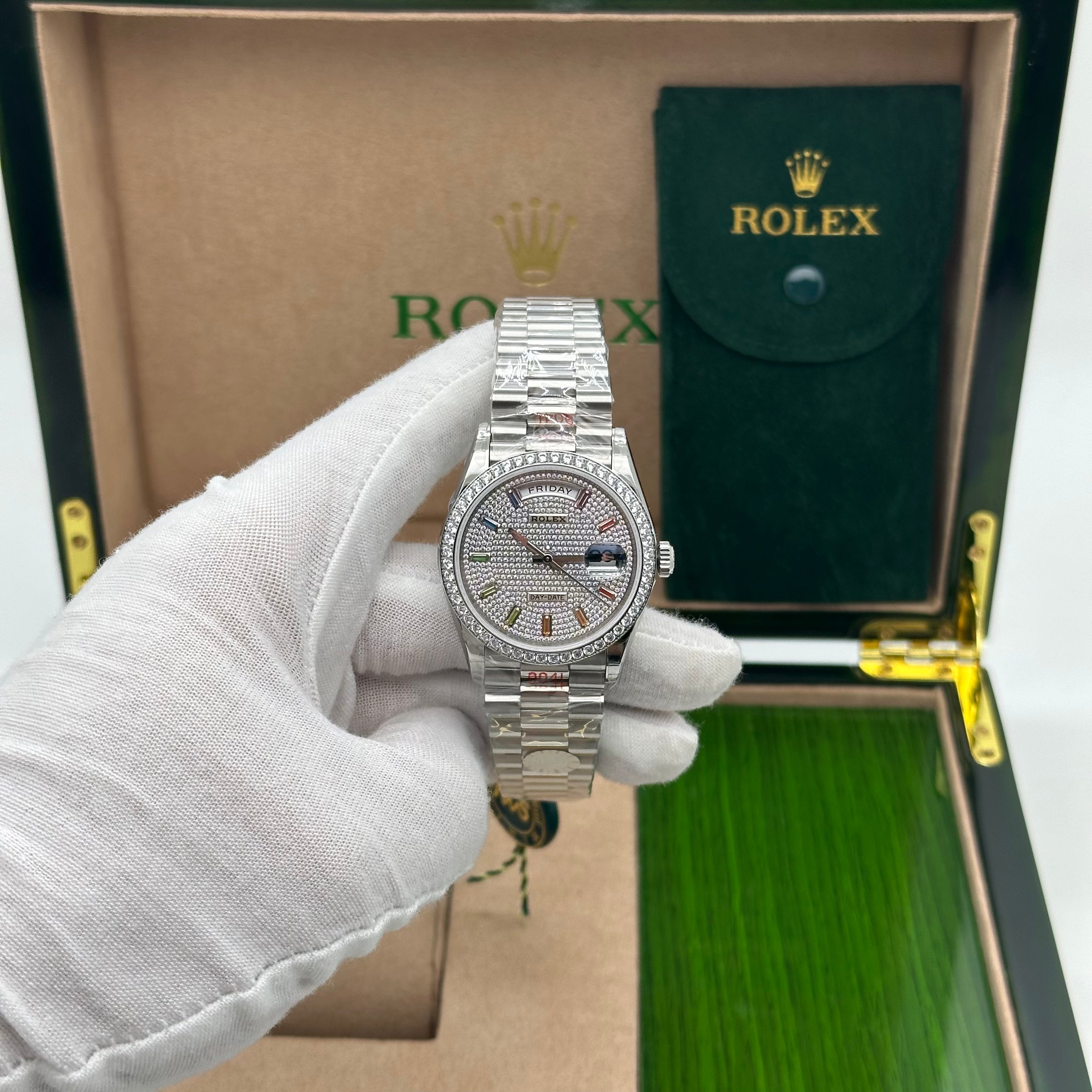 Rolex Day-Date 36MM White Gold Diamond-Paved Dial with Rainbow Sapphire Indexes