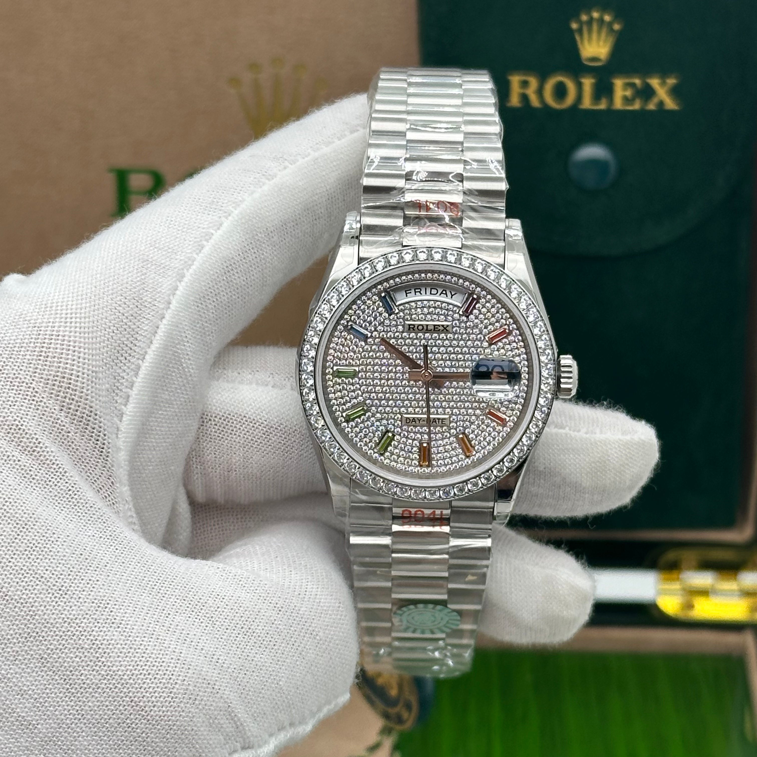 Rolex Day-Date 36MM White Gold Diamond-Paved Dial with Rainbow Sapphire Indexes