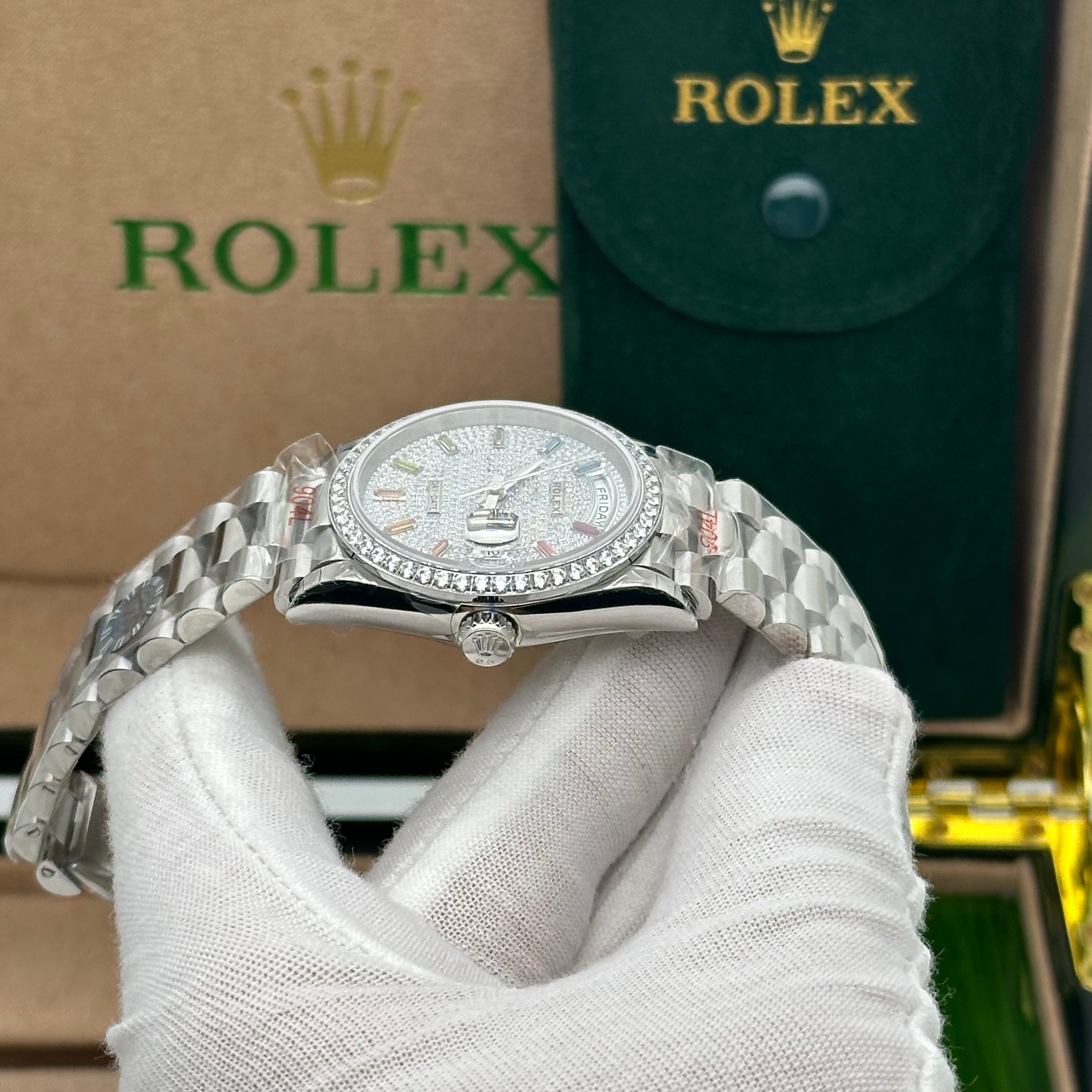 Rolex Day-Date 36MM White Gold Diamond-Paved Dial with Rainbow Sapphire Indexes
