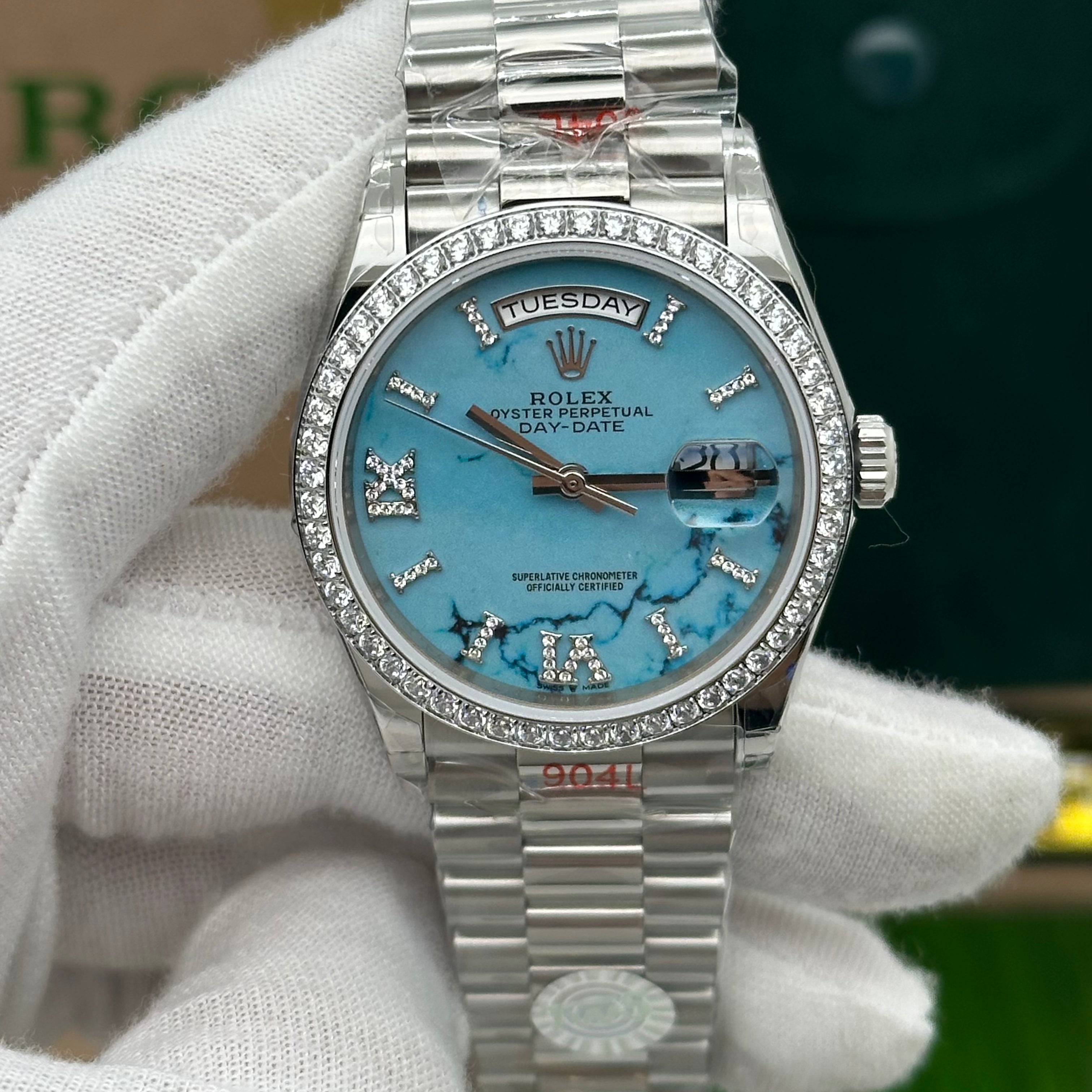 Rolex Day-Date 36mm White Gold Turquoise Dial with Diamond Bezel & Roman Diamond Markers