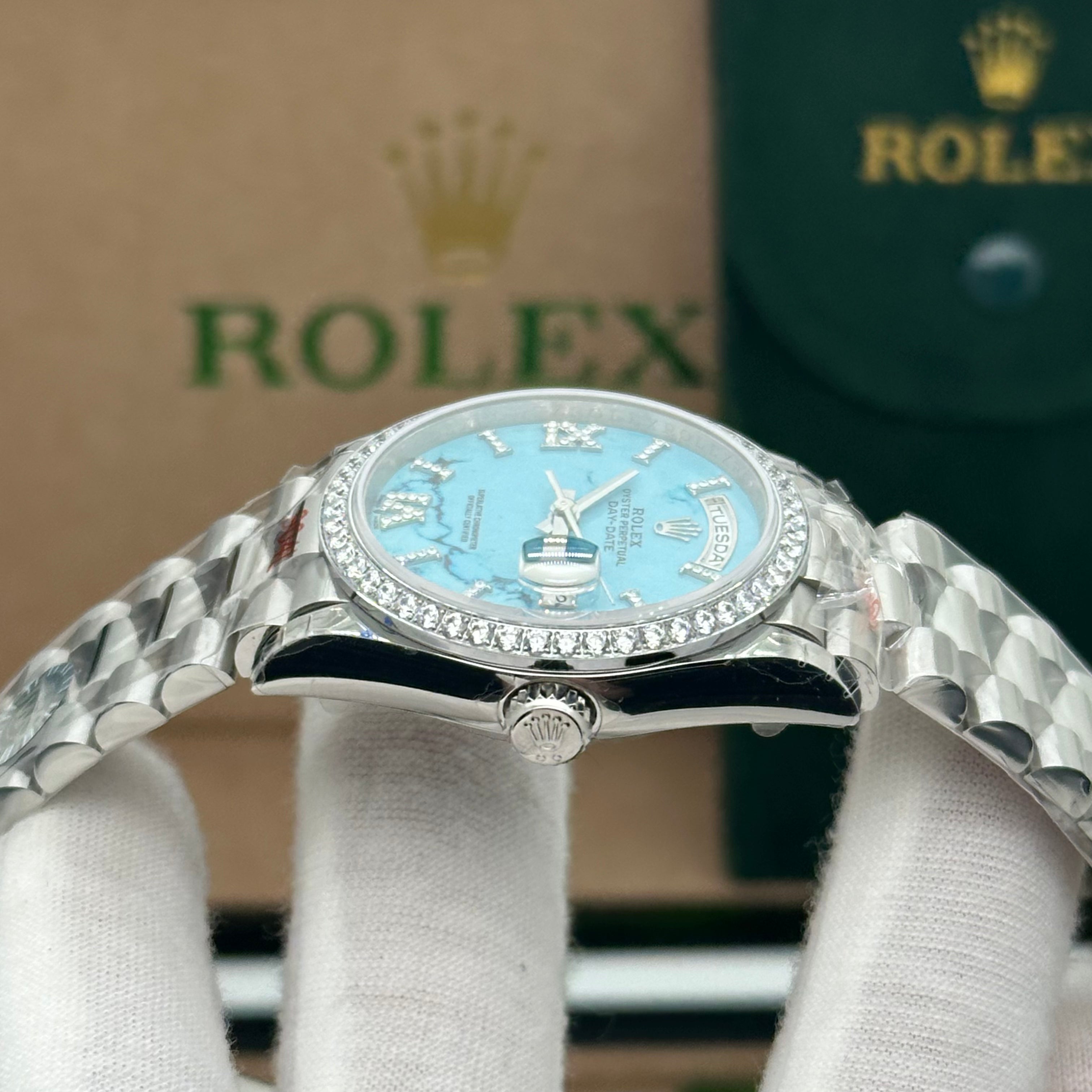 Rolex Day-Date 36mm White Gold Turquoise Dial with Diamond Bezel & Roman Diamond Markers