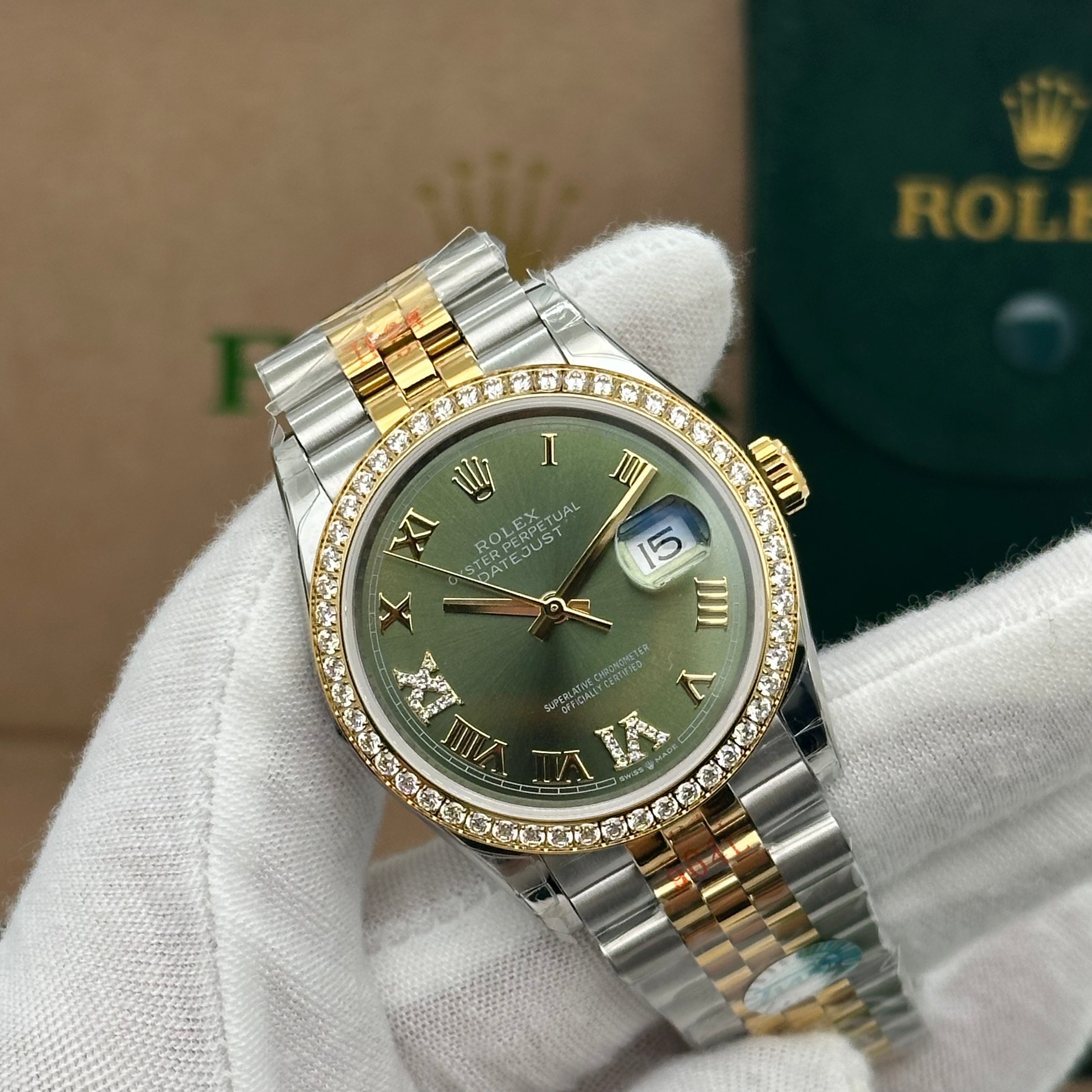 Rolex Datejust 36mm Two-Tone Jubilee Green Dial with Diamond Roman Numerals & Diamond Bezel