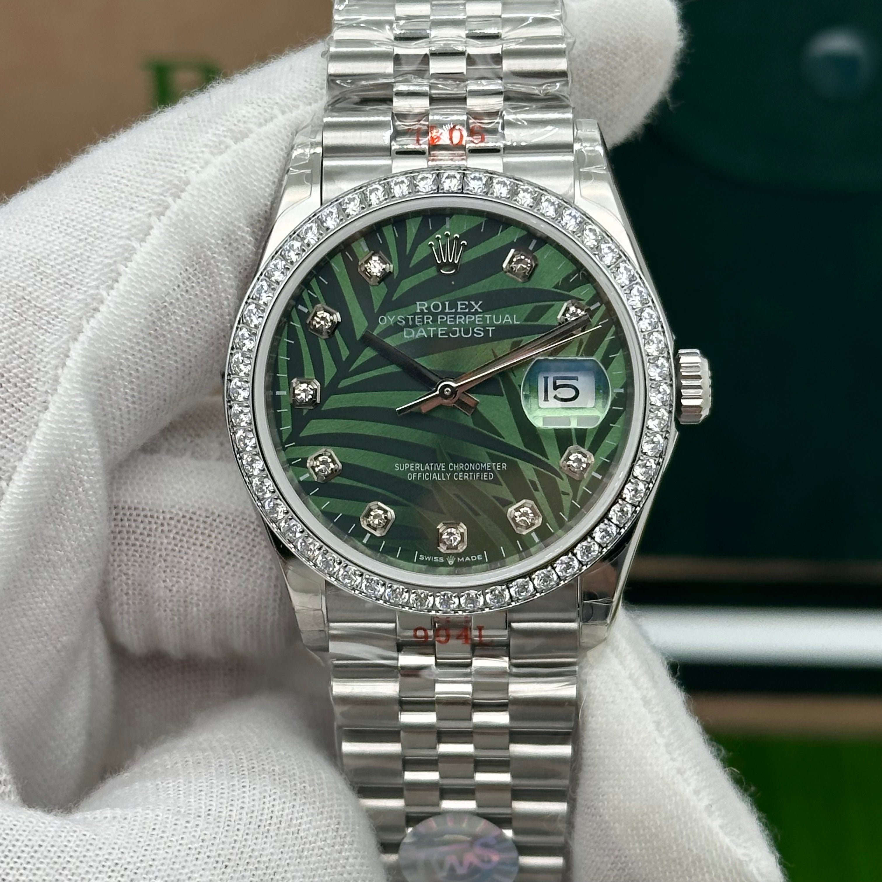 Rolex Datejust 36mm Oyster Perpetual Green Palm Motif Dial with Diamonds