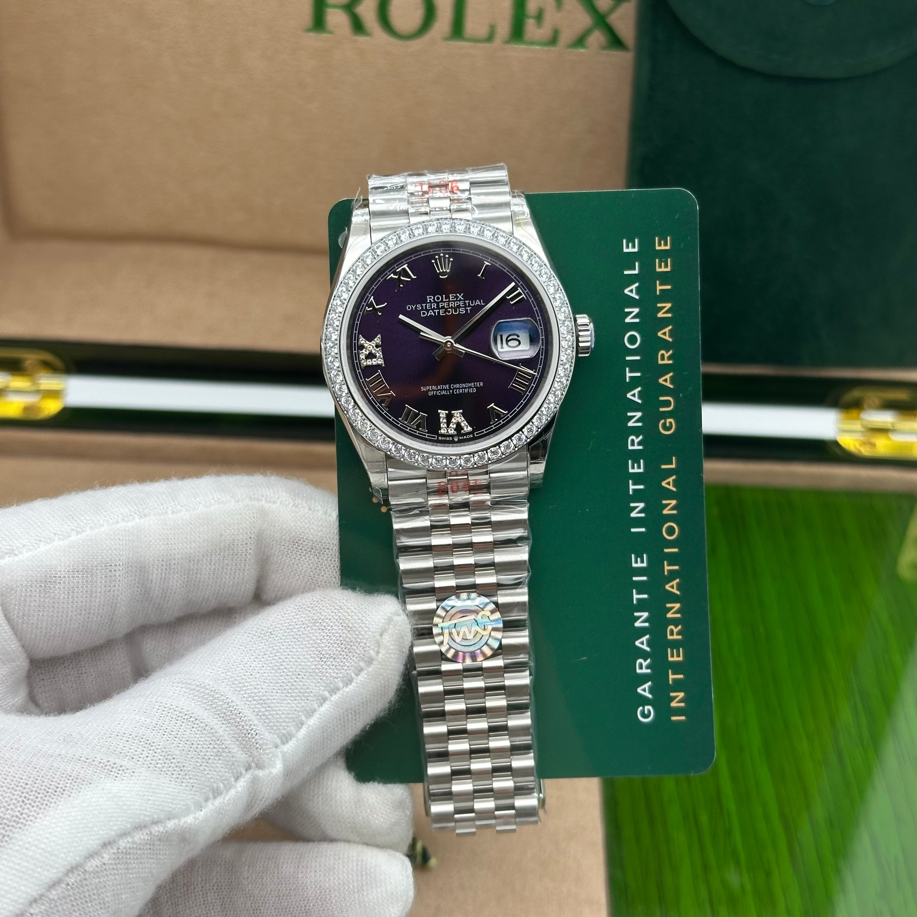Rolex Datejust 36mm – Purple Dial with Diamond Roman Numerals & Jubilee Bracelet