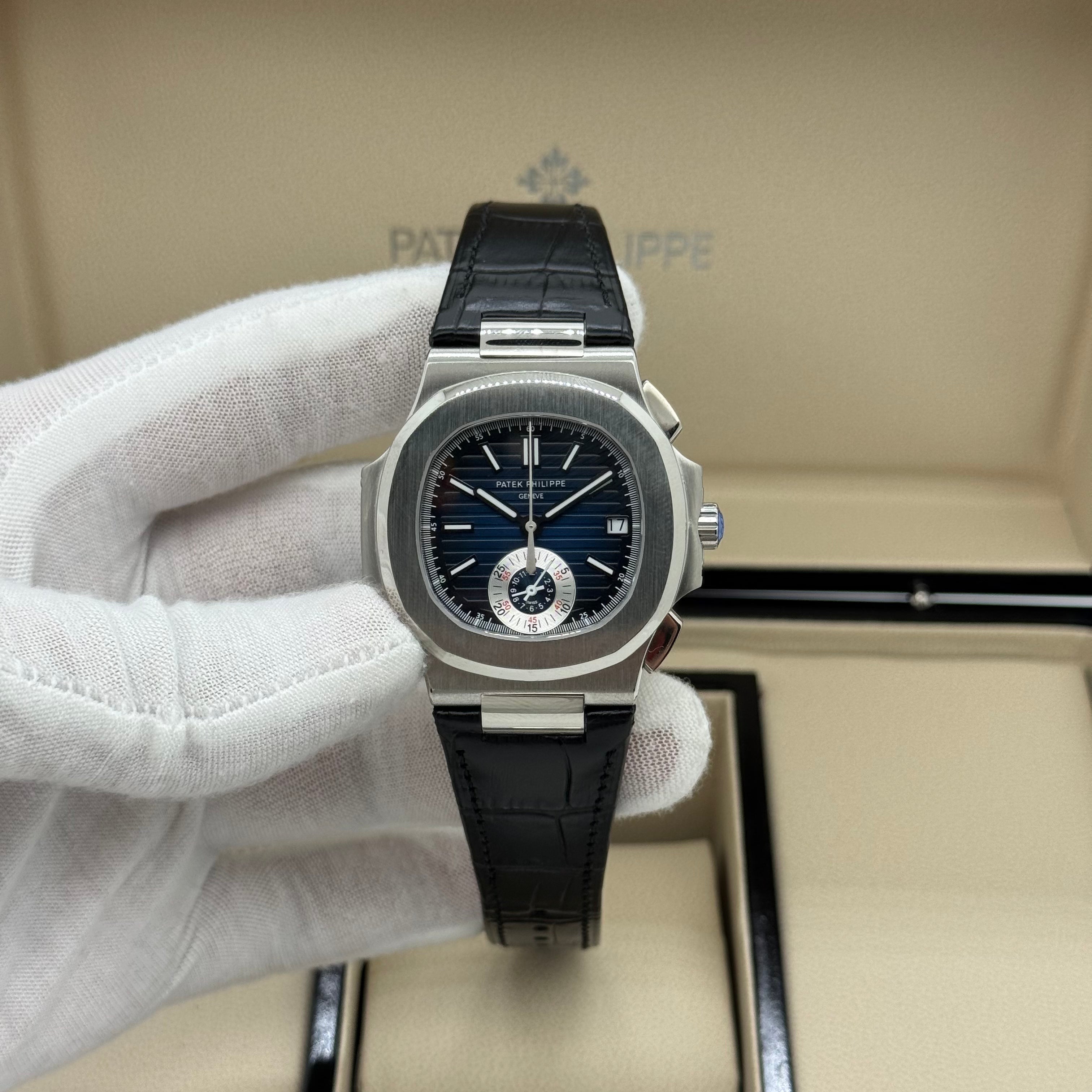 Patek Philippe Nautilus Chronograph – Blue Dial – Black Leather – Swiss Super Clone