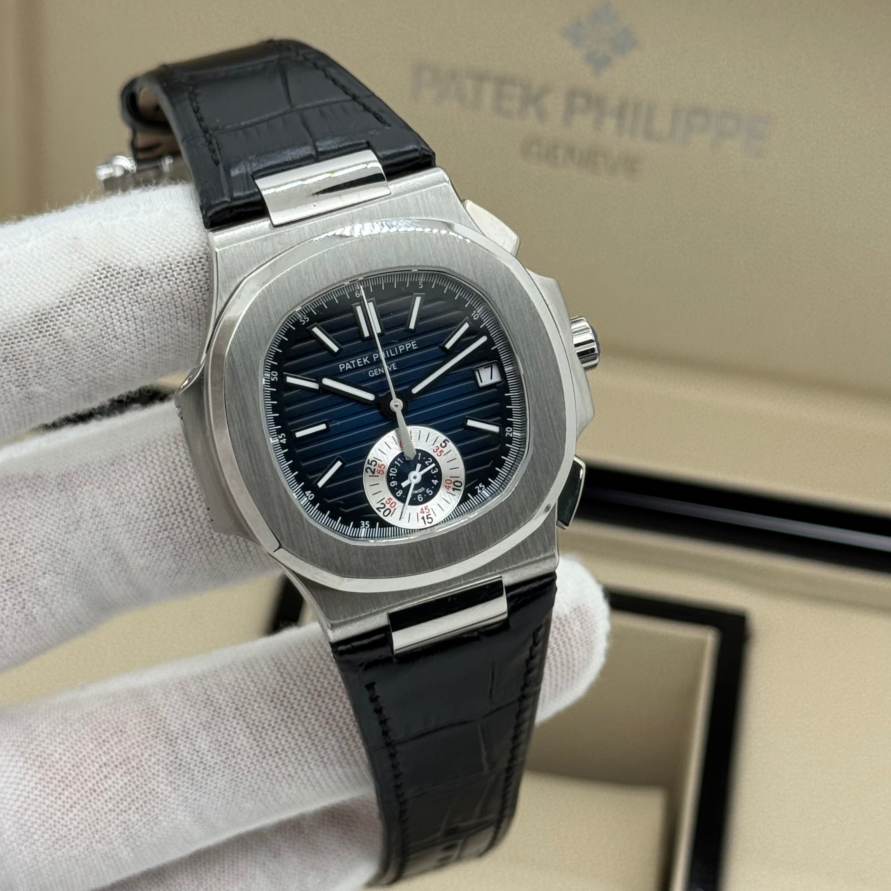 Patek Philippe Nautilus Chronograph – Blue Dial – Black Leather – Swiss Super Clone