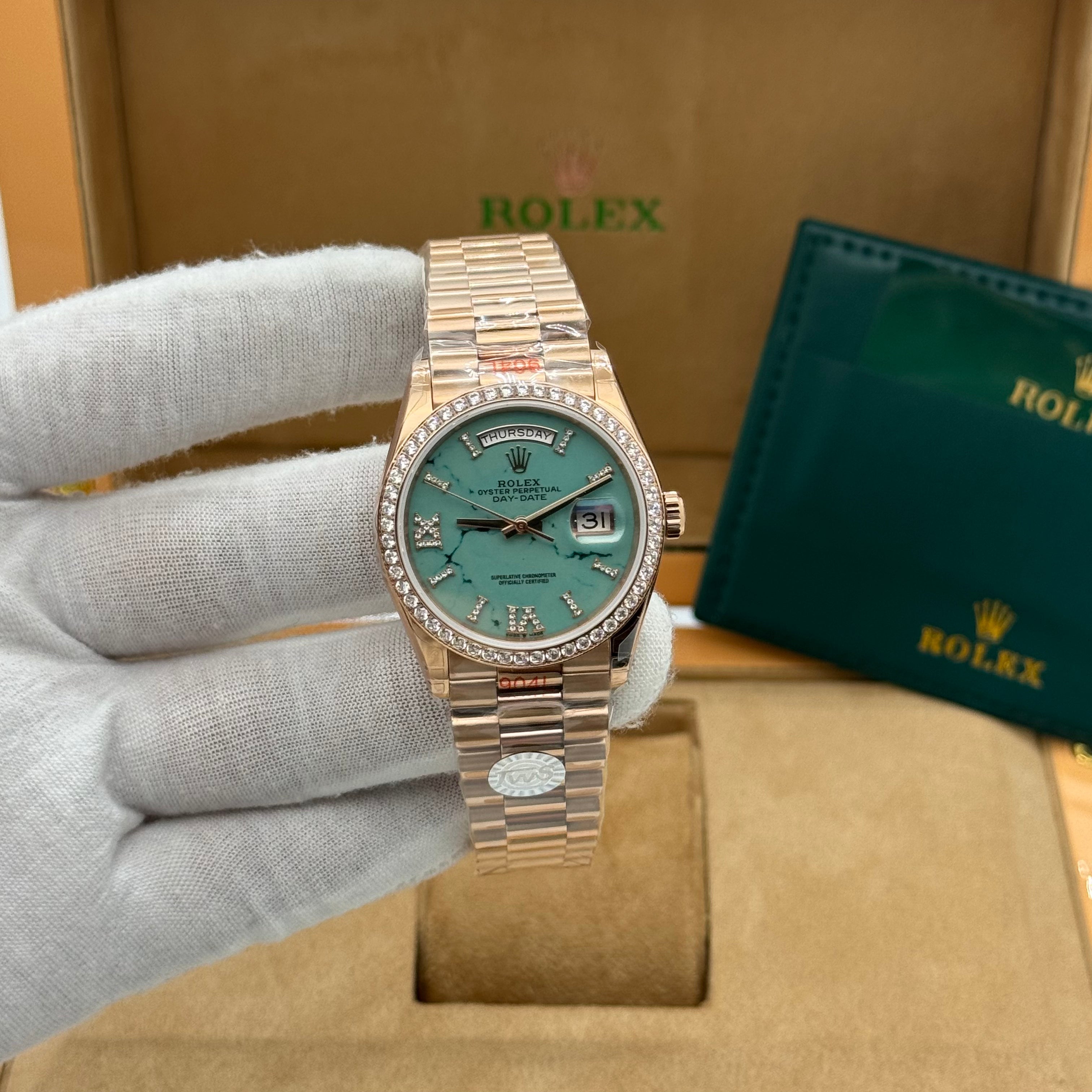 Rolex President Style Automatic Watch – Turquoise Stone Dial – Diamond Bezel