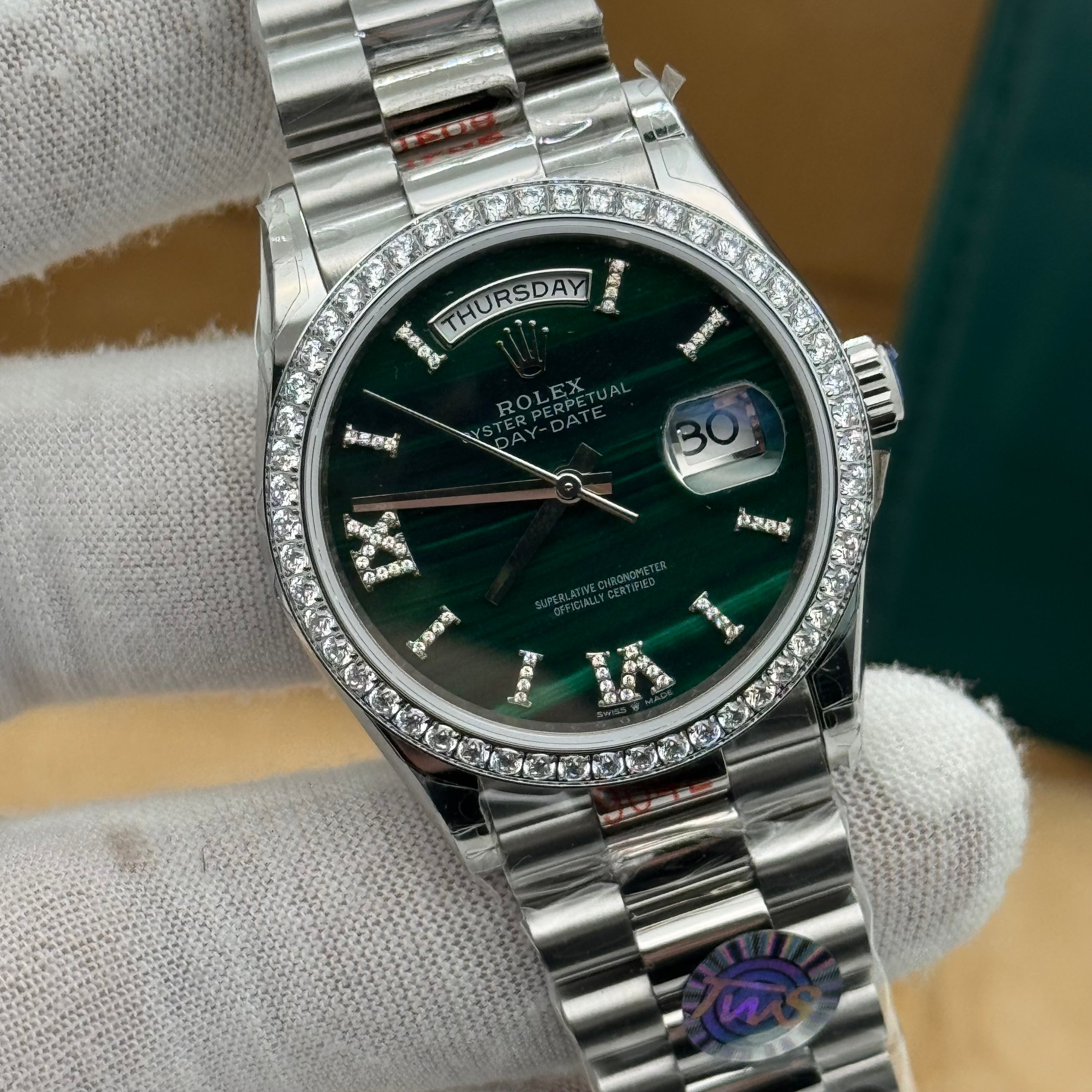 Rolex Day-Date Silver Day-Date Watch – Emerald Green Dial – Diamond Bezel