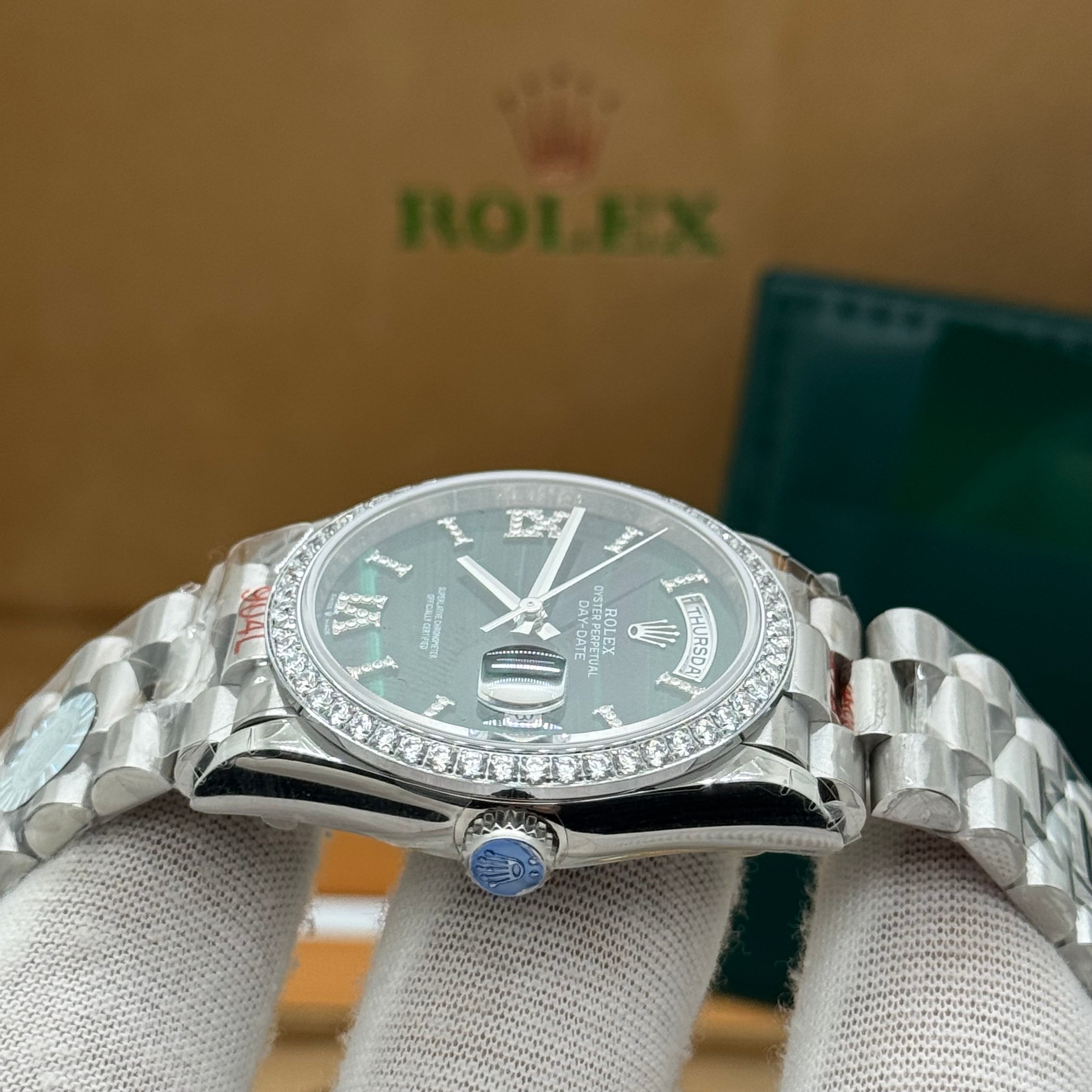 Rolex Day-Date Silver Day-Date Watch – Emerald Green Dial – Diamond Bezel