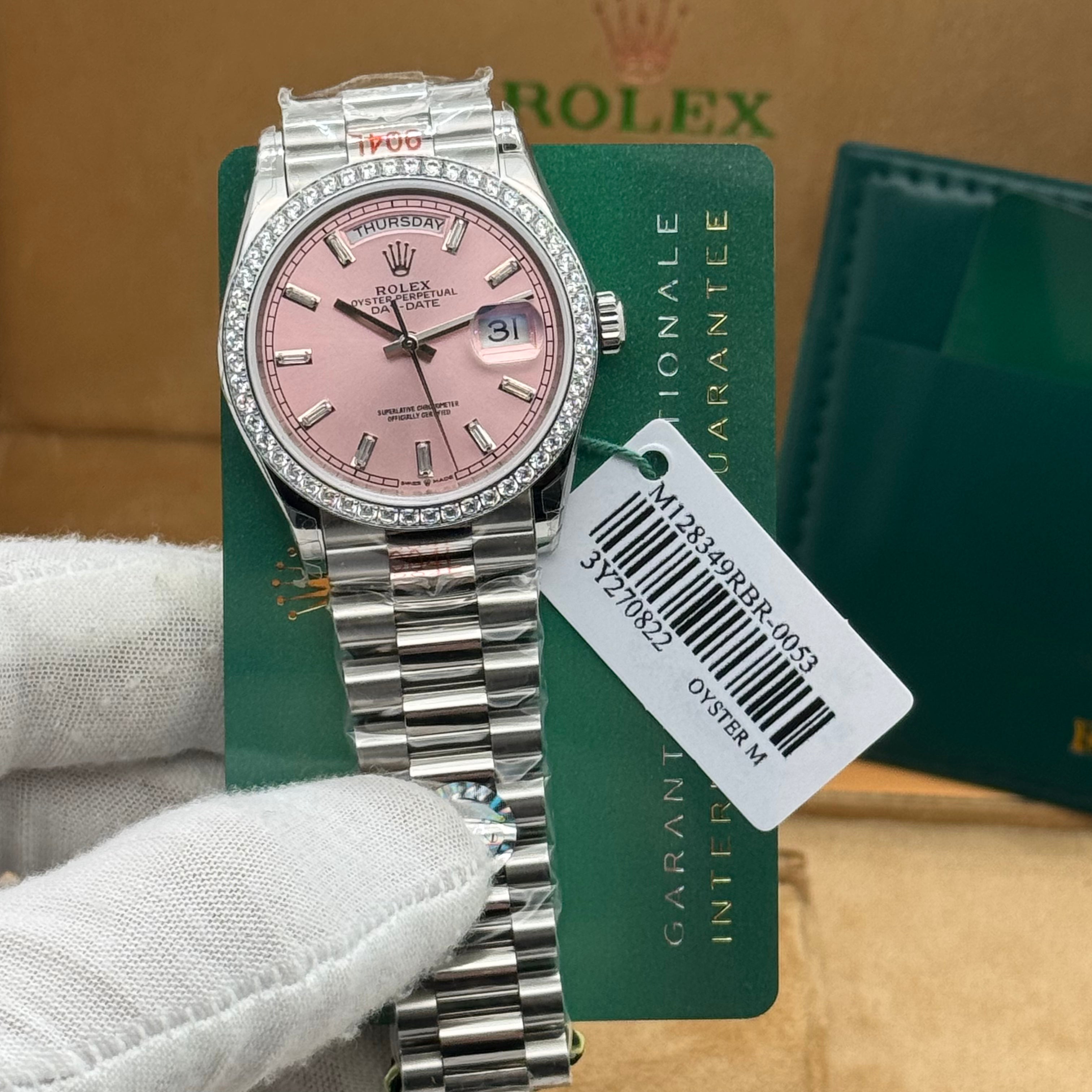 Rolex Day-Date 36MM – Pink Dial w/ Diamond Bezel (Silver Tone)