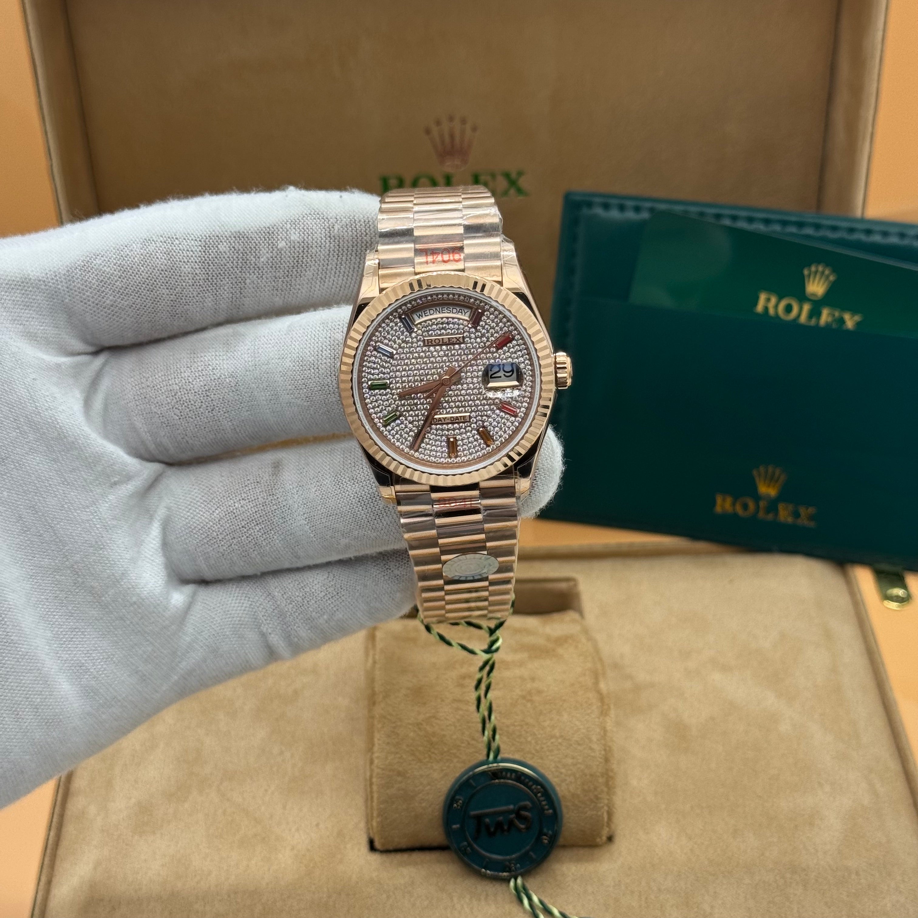 Rolex Day-Date Rose Gold Watch – Full Diamond Pavé Dial – Rainbow Markers