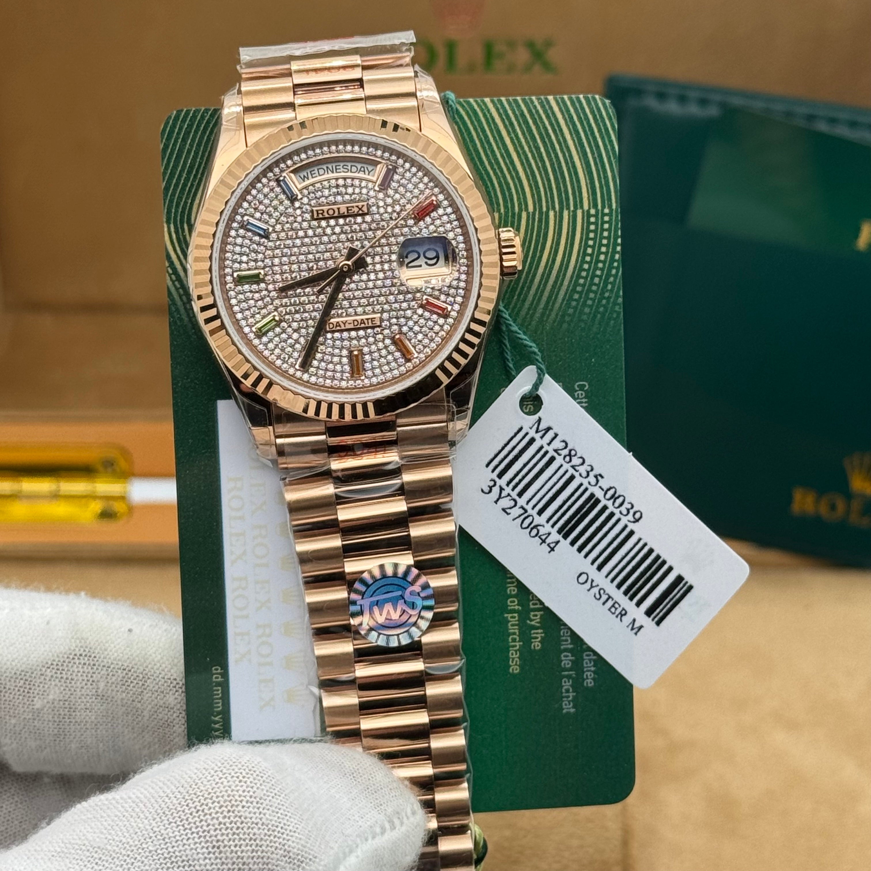 Rolex Day-Date Rose Gold Watch – Full Diamond Pavé Dial – Rainbow Markers