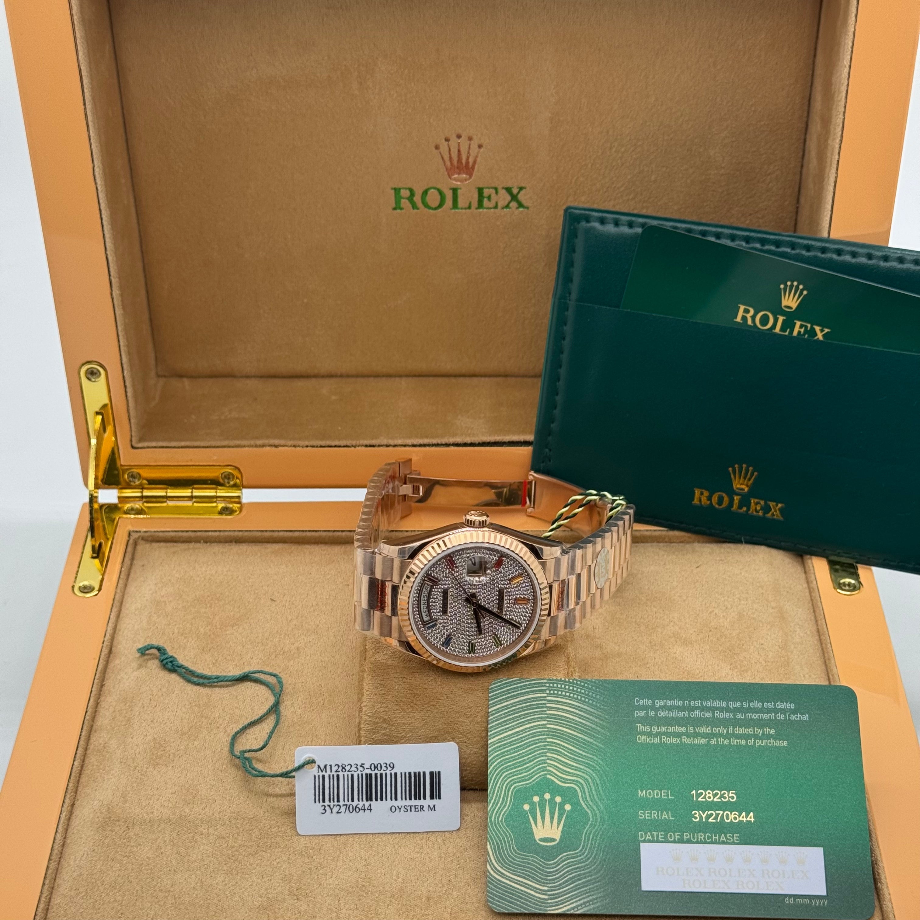 Rolex Day-Date Rose Gold Watch – Full Diamond Pavé Dial – Rainbow Markers