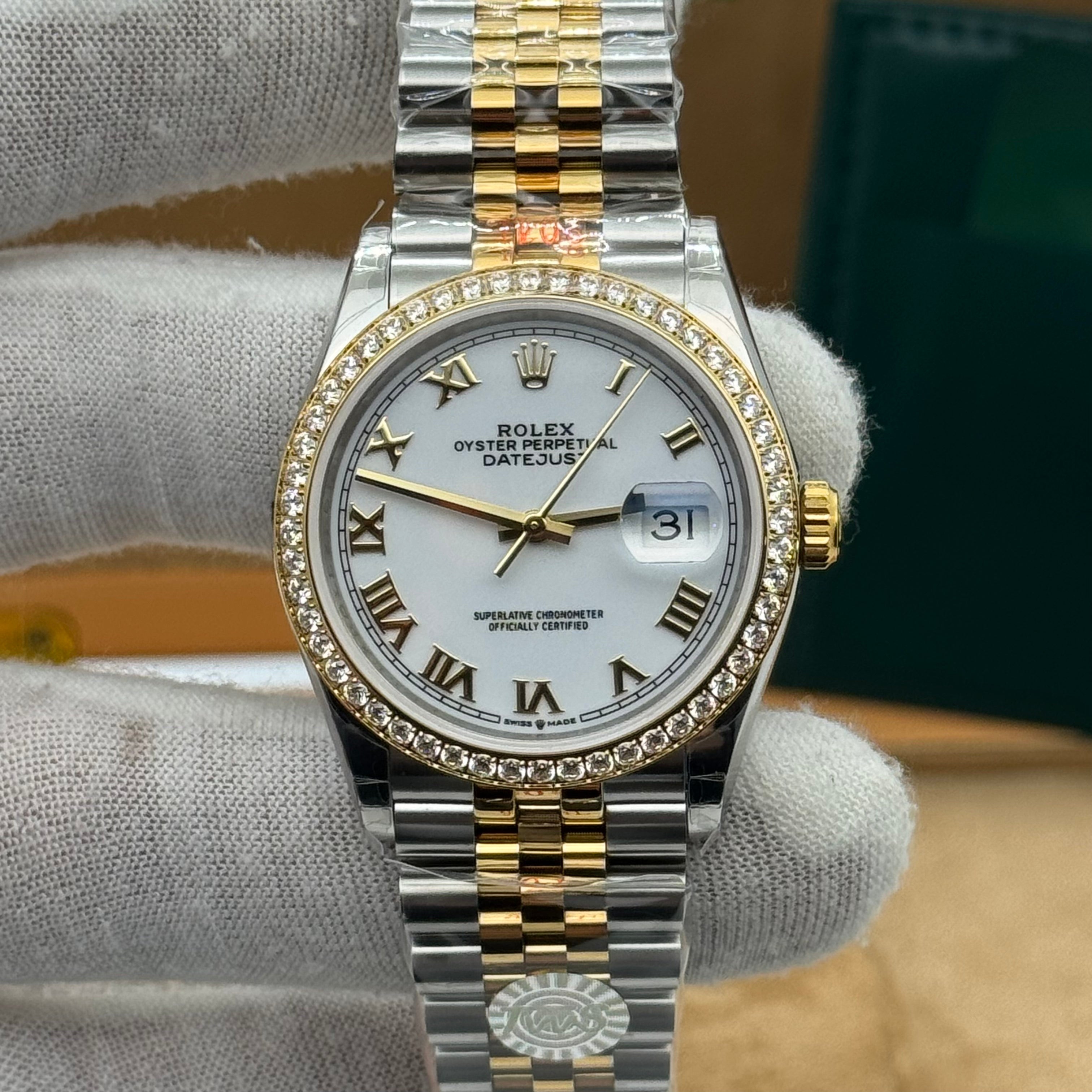 Rolex Date-Just 36MM Two-Tone Datejust Style Watch – Diamond Bezel, Roman Dial
