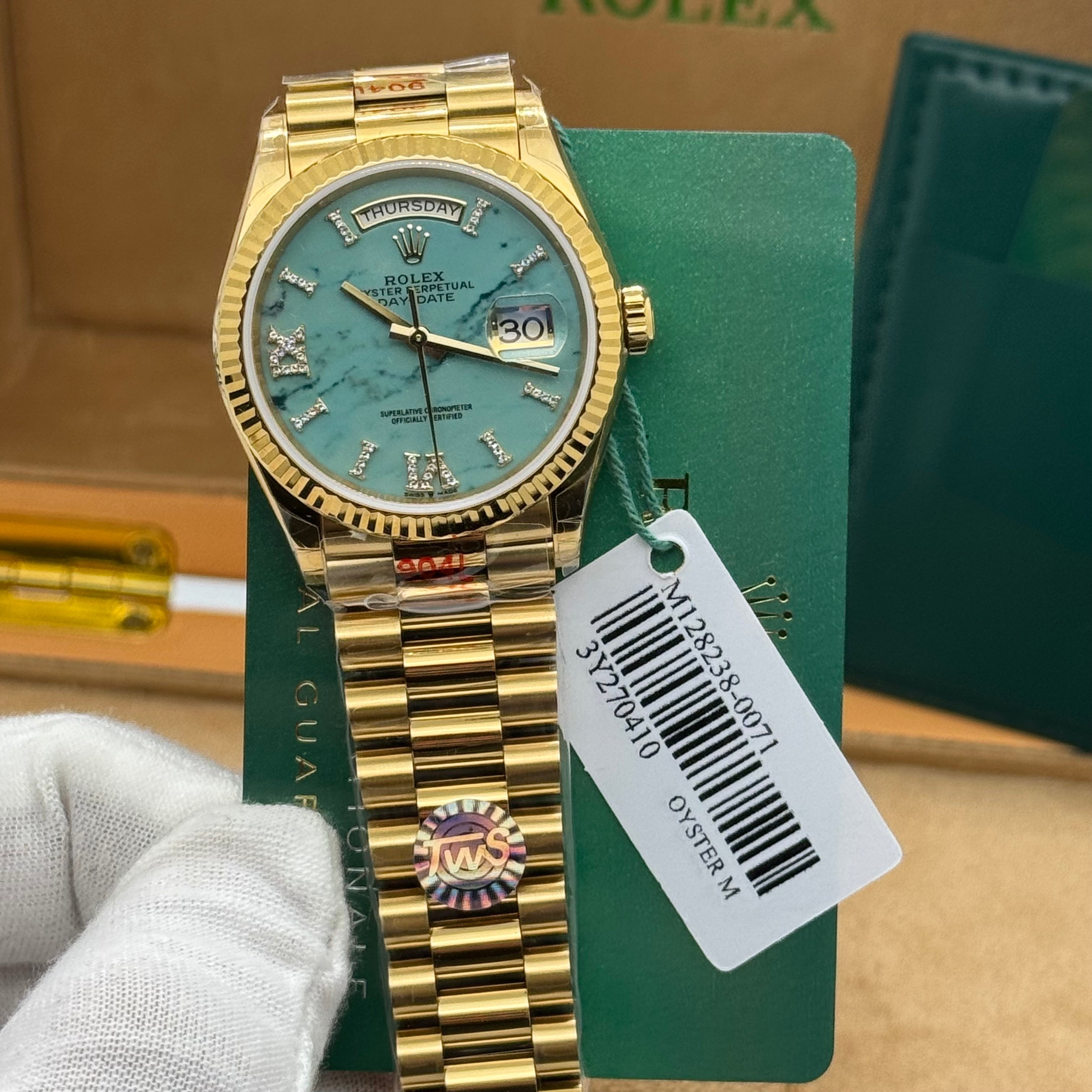 Rolex Day-Date 36MM - Gold With Turquoise Marble Dial & Diamond-Style Makers