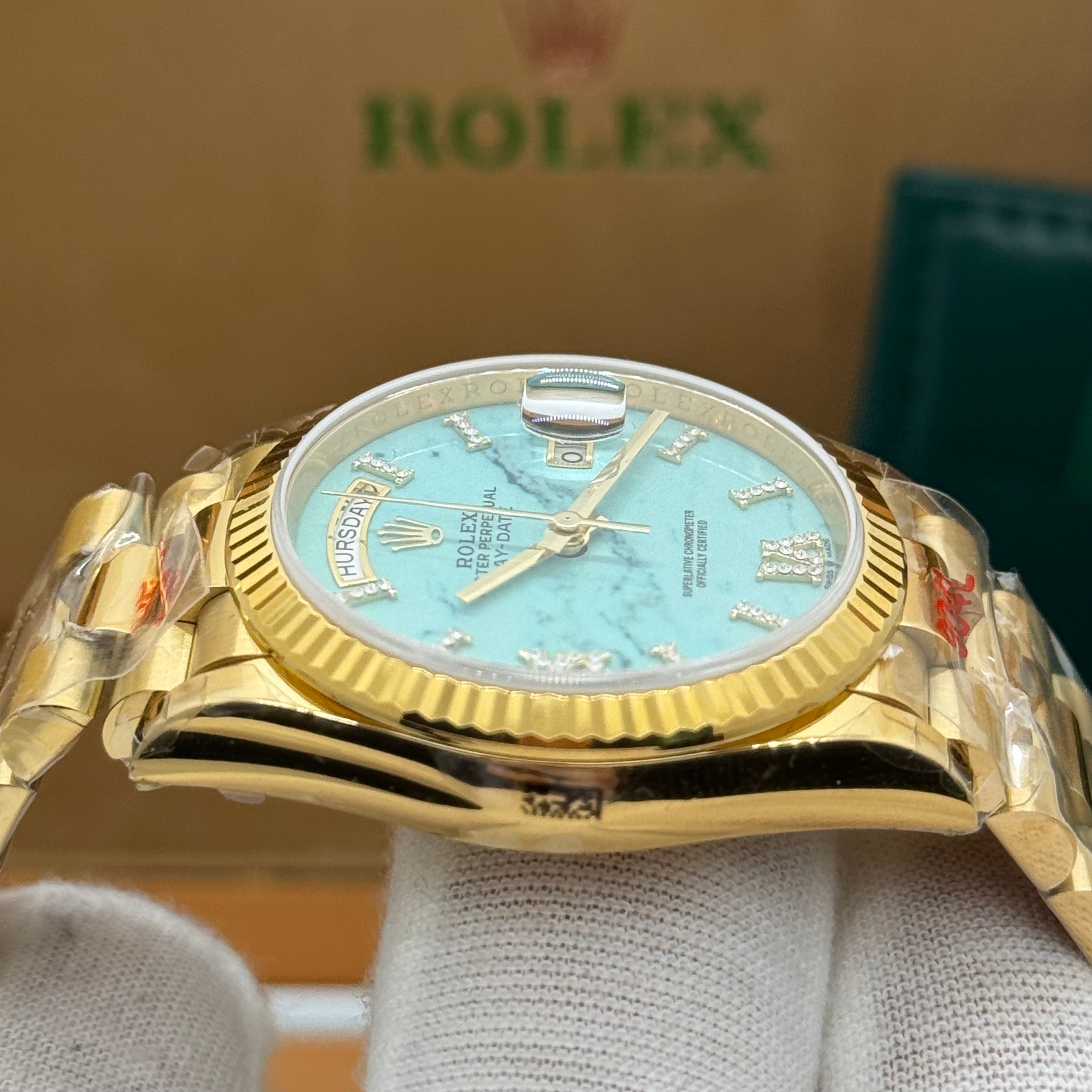 Rolex Day-Date 36MM - Gold With Turquoise Marble Dial & Diamond-Style Makers