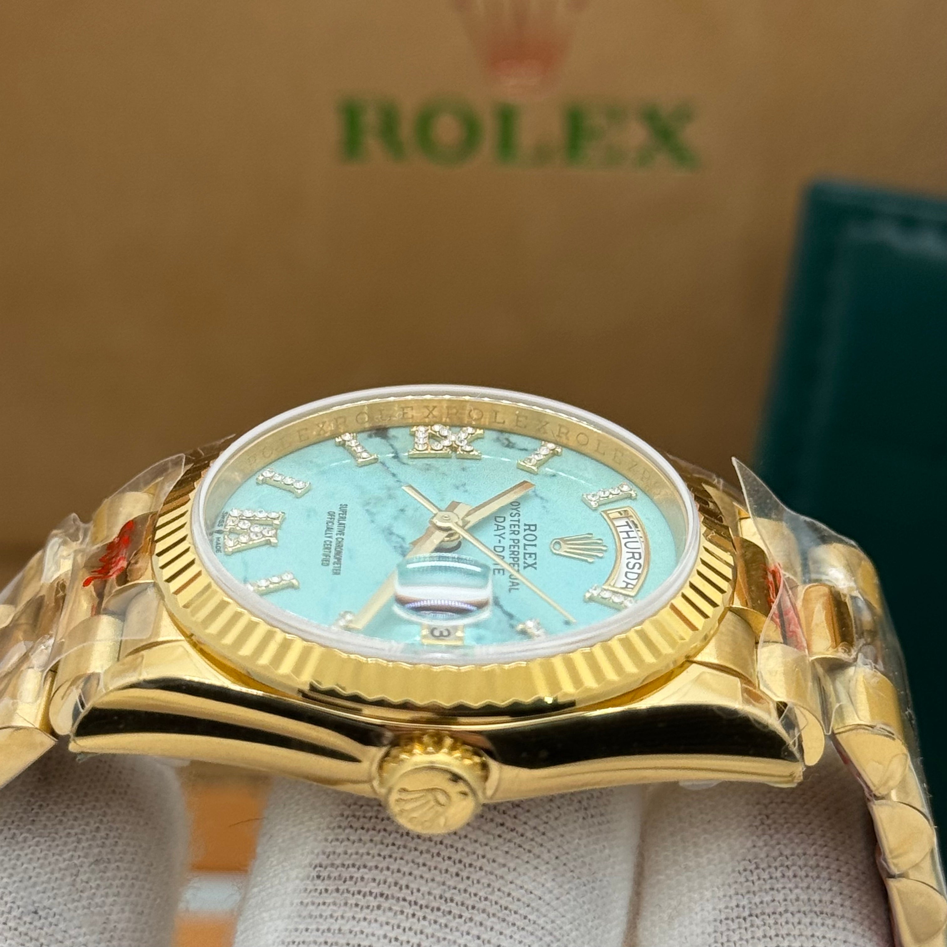 Rolex Day-Date 36MM - Gold With Turquoise Marble Dial & Diamond-Style Makers