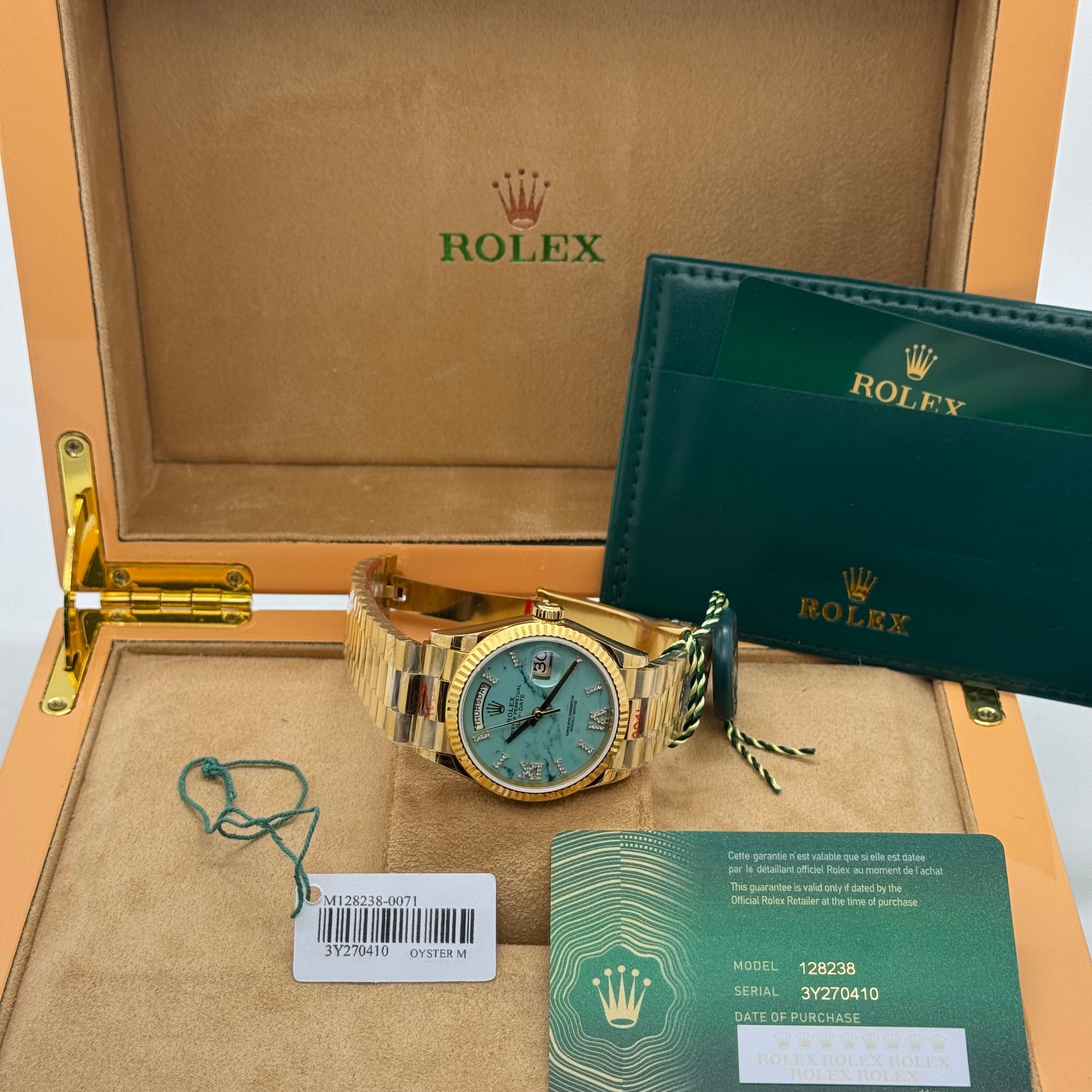Rolex Day-Date 36MM - Gold With Turquoise Marble Dial & Diamond-Style Makers