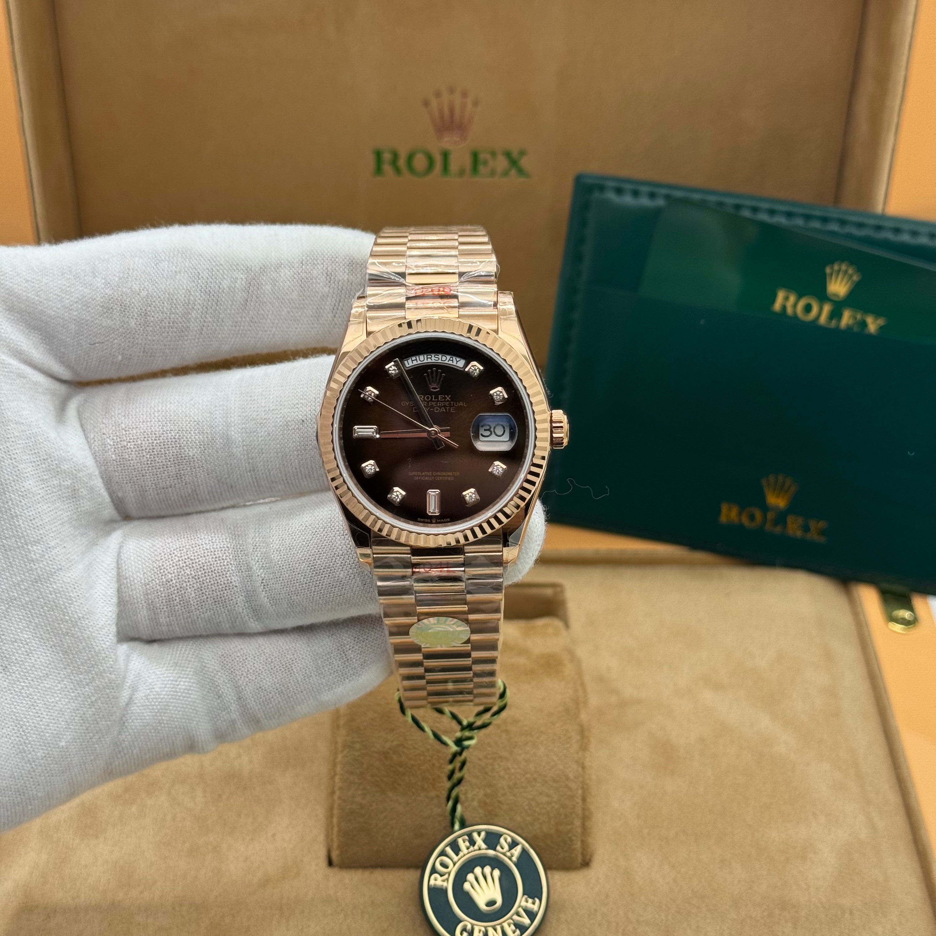 Rolex Day-Date 36MM– Rose Gold Presidential, Black Gradient Dial & Diamond-Style Markers