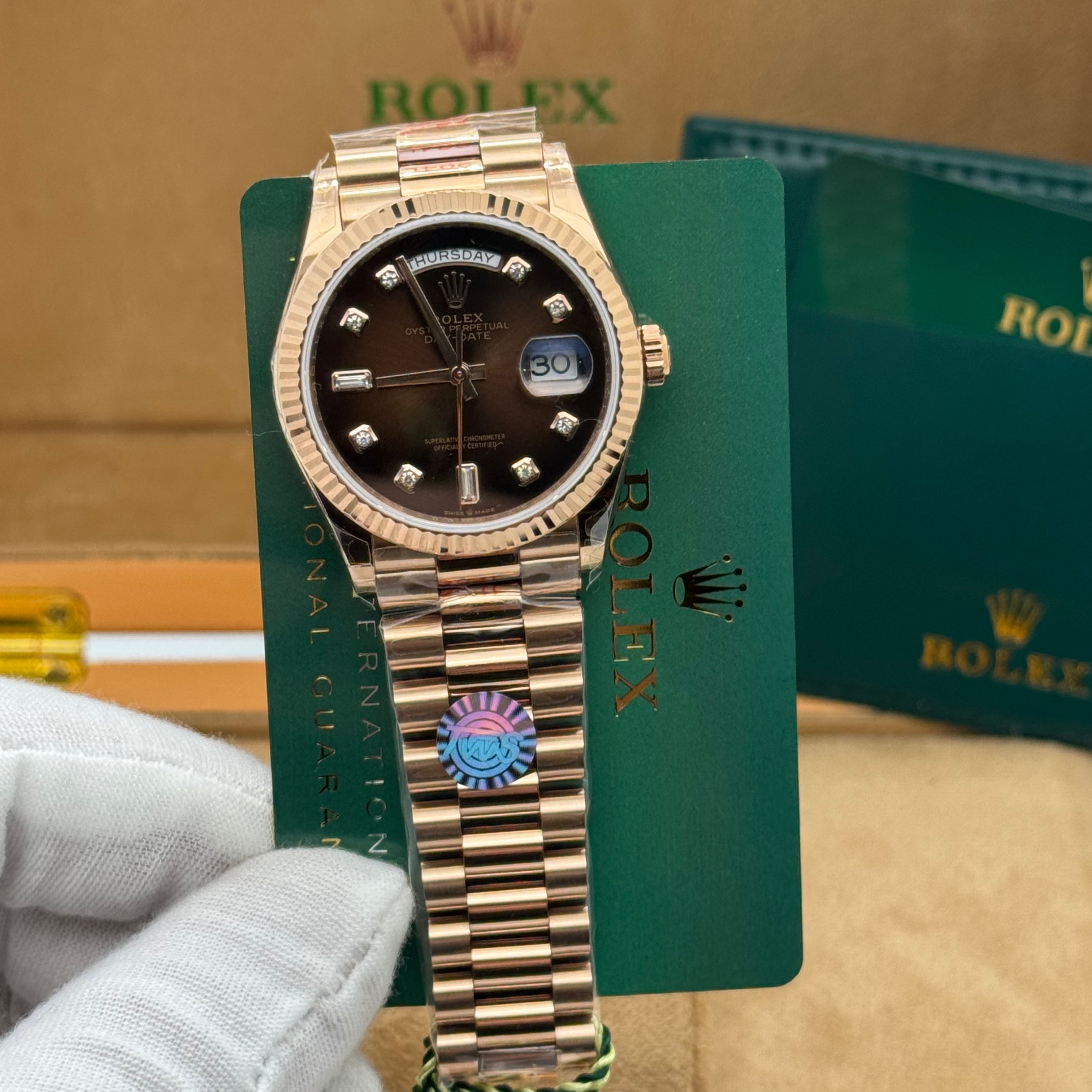 Rolex Day-Date 36MM– Rose Gold Presidential, Black Gradient Dial & Diamond-Style Markers