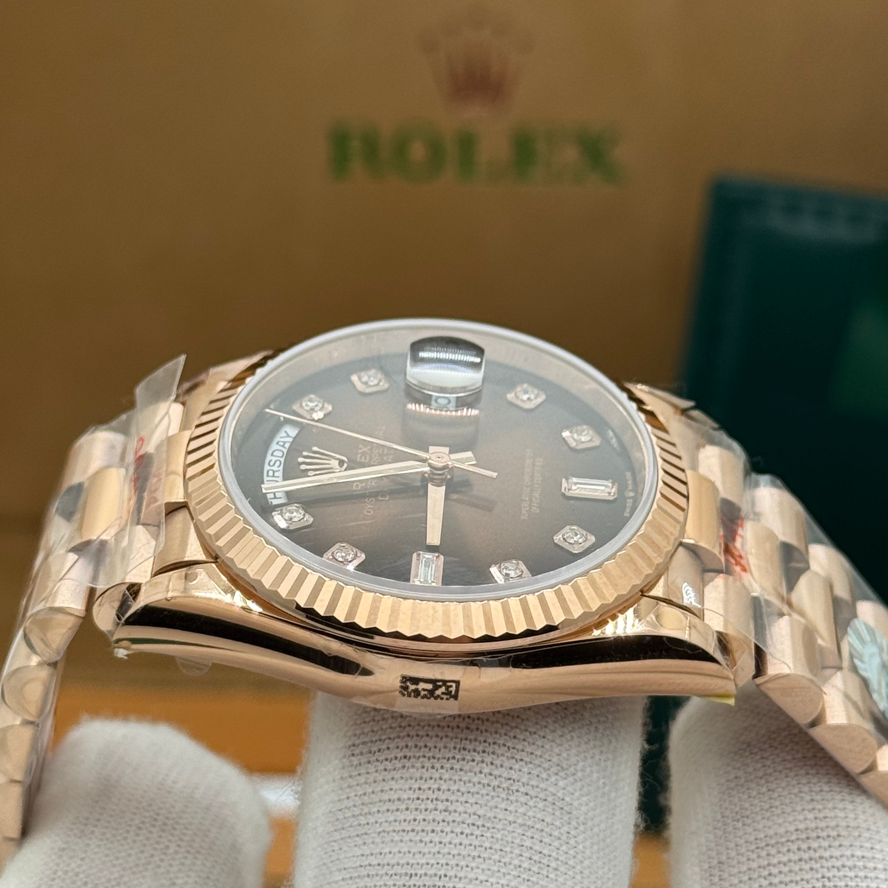 Rolex Day-Date 36MM– Rose Gold Presidential, Black Gradient Dial & Diamond-Style Markers