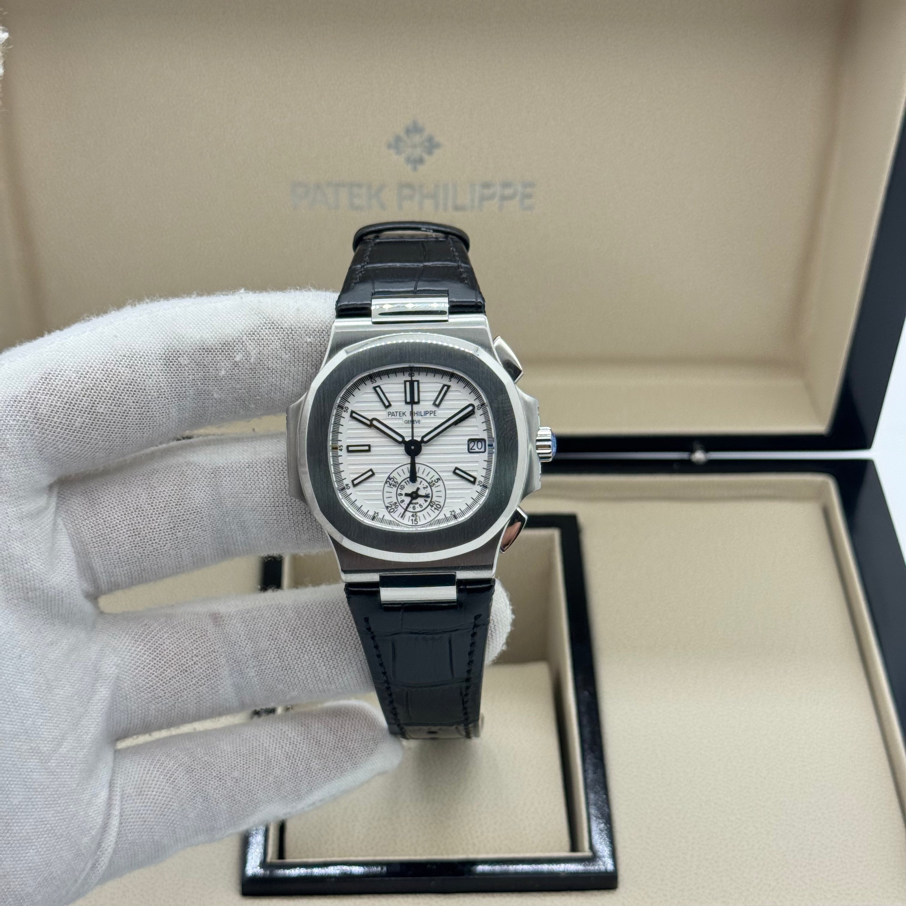 Patek Phillipe Nautilus-Inspired Automatic Watch – Swiss Super Clone – White Dial (Leather Strap)