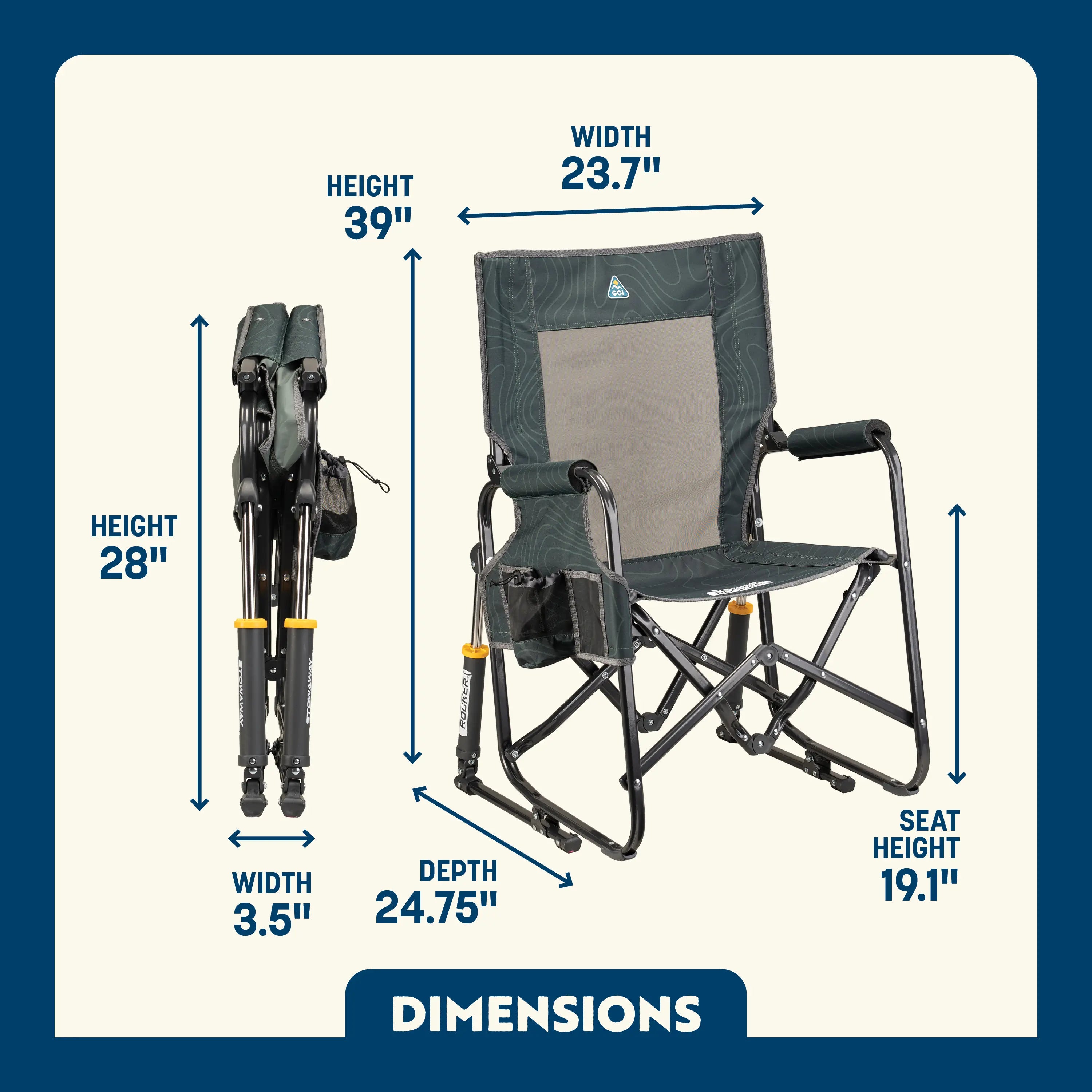Stowaway Rocker shown open and folded, with compact frame, mesh panel, and labeled seat and chair dimensions.