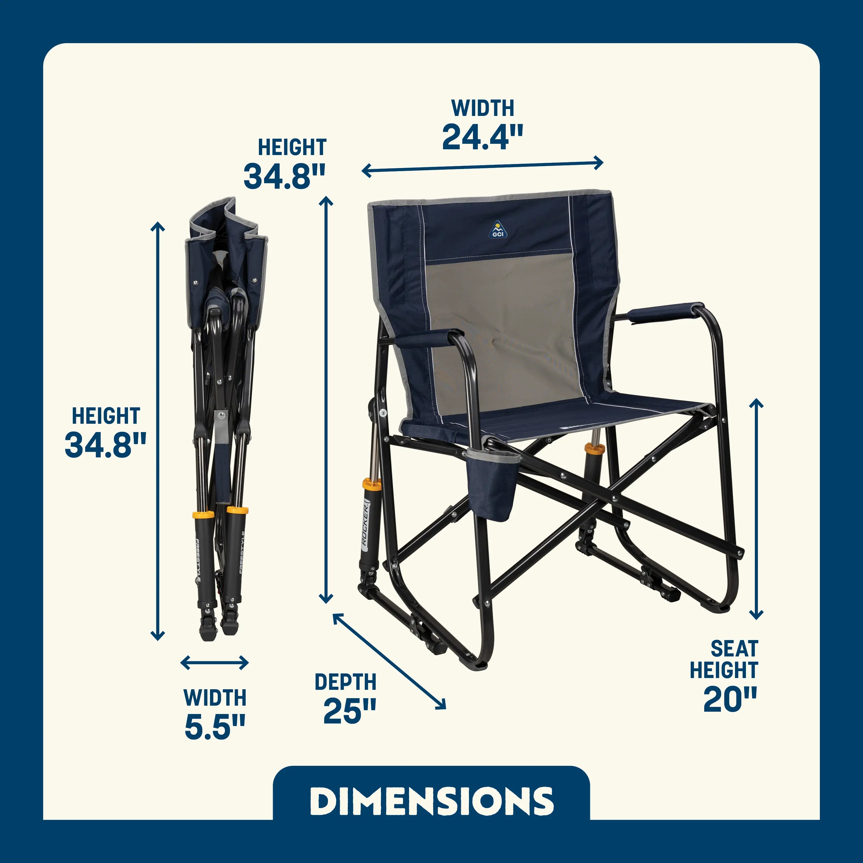 Indigo Freestyle Rocker shown open and folded, with seat height, width, depth, and total height labeled.