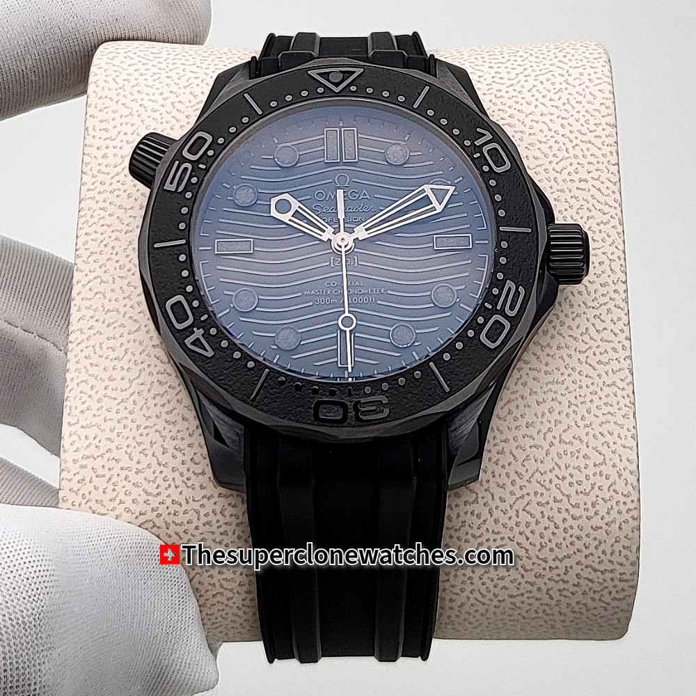 Omega Seamaster Diver 300M Black Ceramic On Rubber Strap Black Dial Exact 1:1 Super Clone 8806 Swiss Movement Replica Watch
