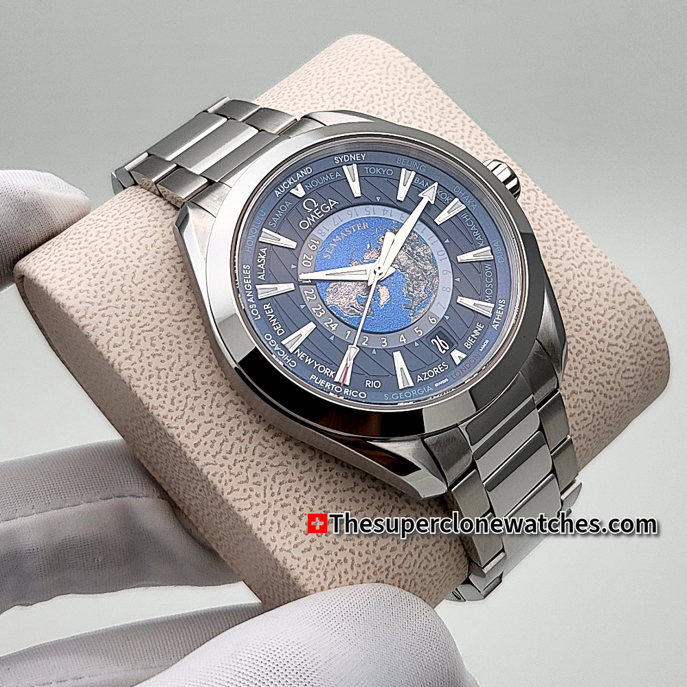 Omega Seamaster Aqua Terra Steel on Steel 150m Co-Axial Master Chronometer GMT Worldtimer Exact 1:1 Super Clone 8938 Swiss Movement Replica Watch