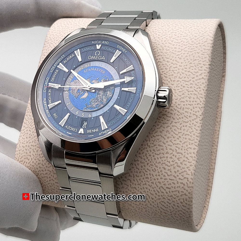 Omega Seamaster Aqua Terra Steel on Steel 150m Co-Axial Master Chronometer GMT Worldtimer Exact 1:1 Super Clone 8938 Swiss Movement Replica Watch