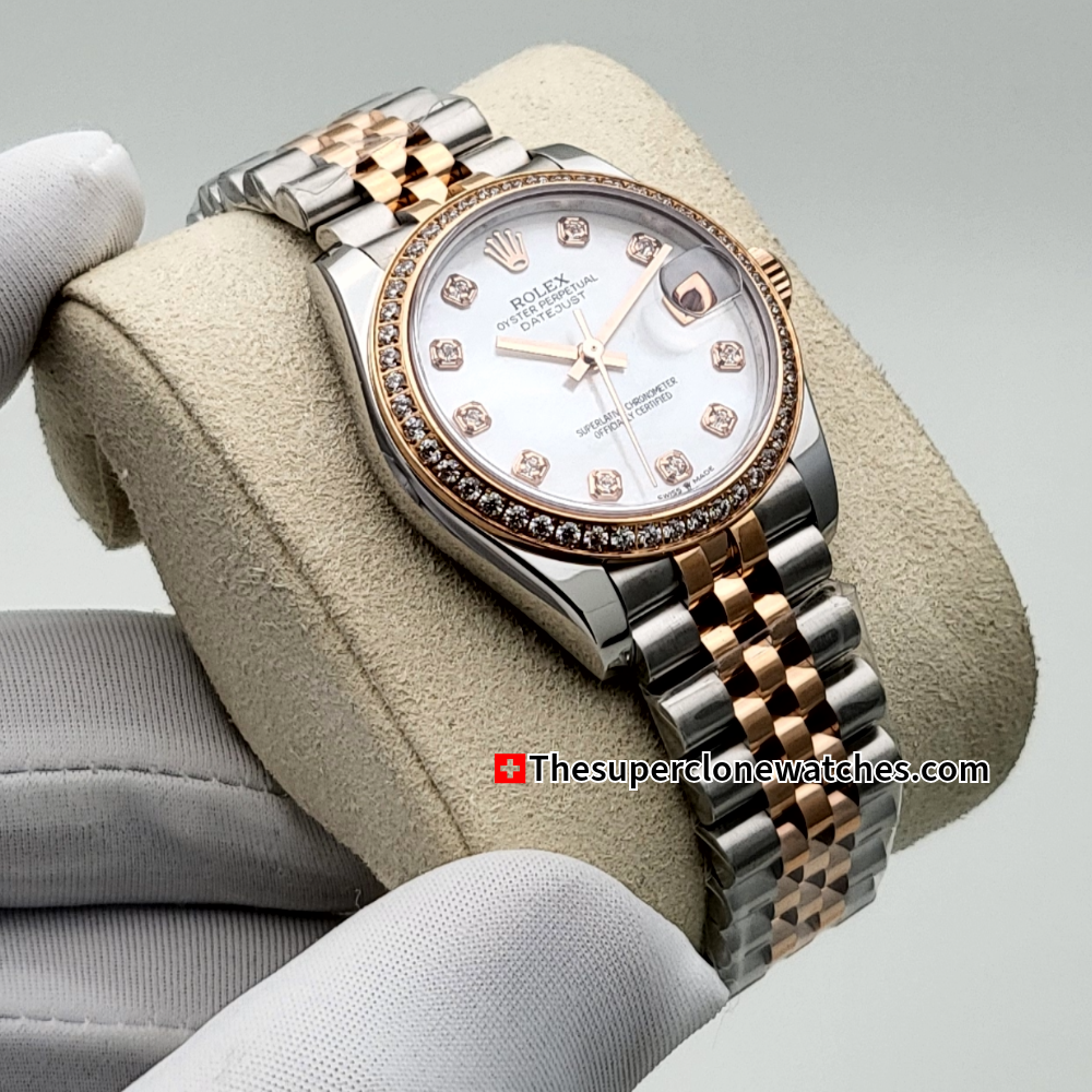 Rolex Datejust Oystersteel and Everose Gold Diamonds Set White Mother-of-Pearl Dial 31mm Exact 1:1 Super Clone 2236 Swiss Movement Replica Watch Ref-278381RBR